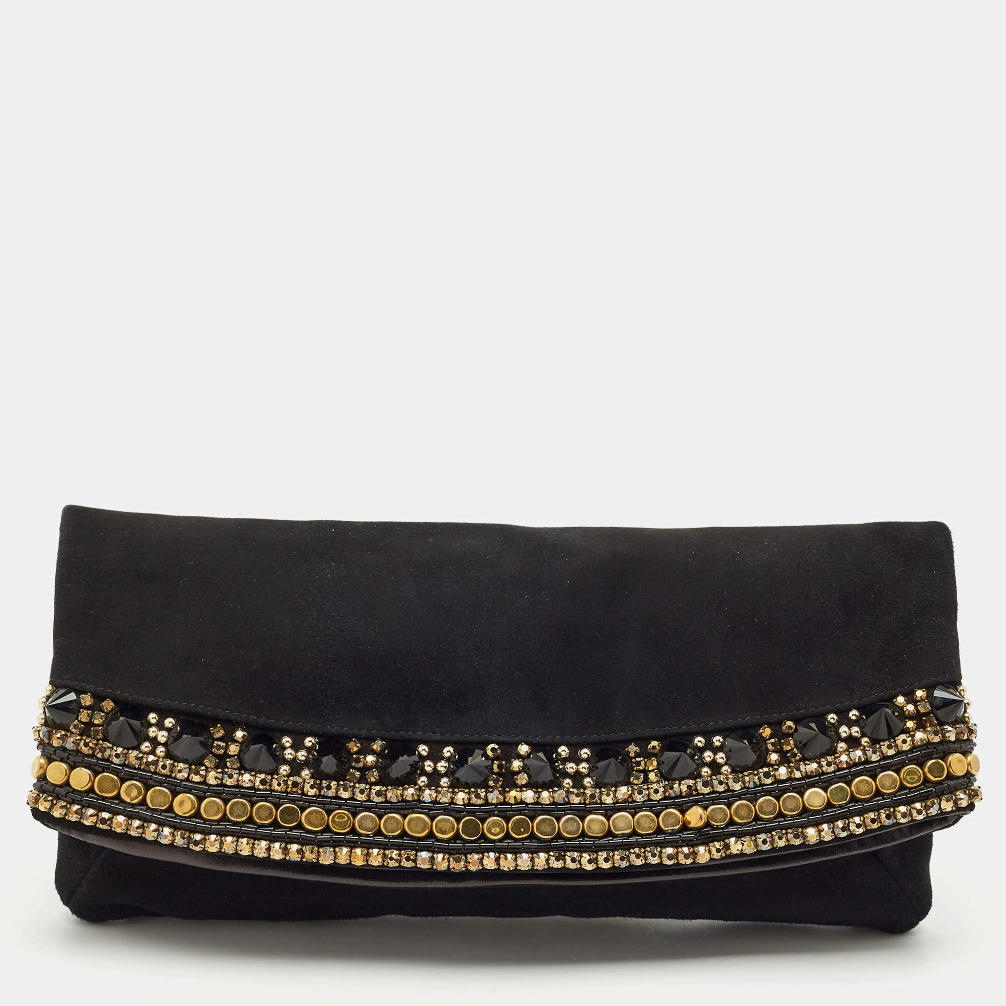 Pre Owned Giuseppe Zanotti Black Suede Crystals Embellished Clutch