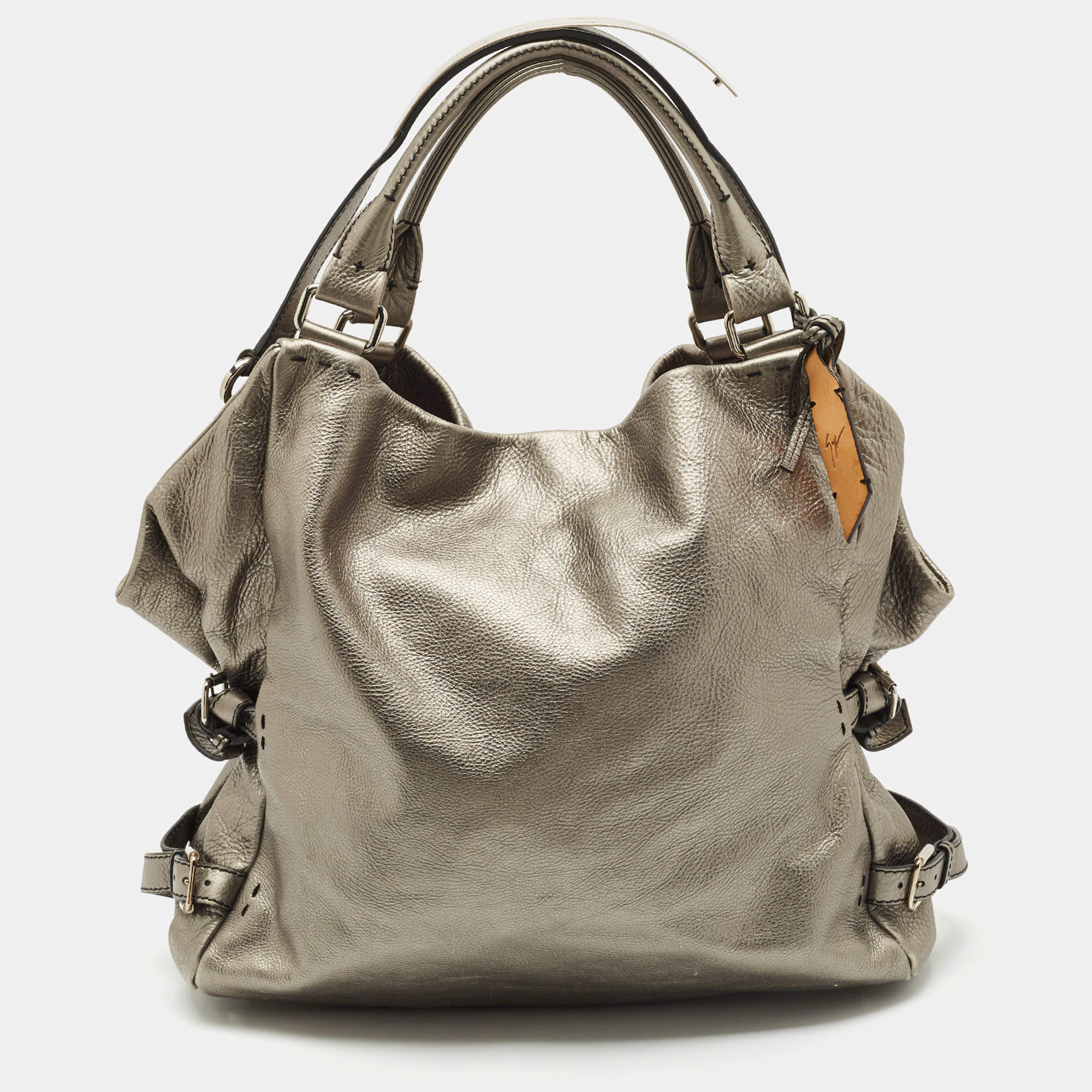 Pre Owned Giuseppe Zanotti Metallic Grey Leather Metal Handle Hobo