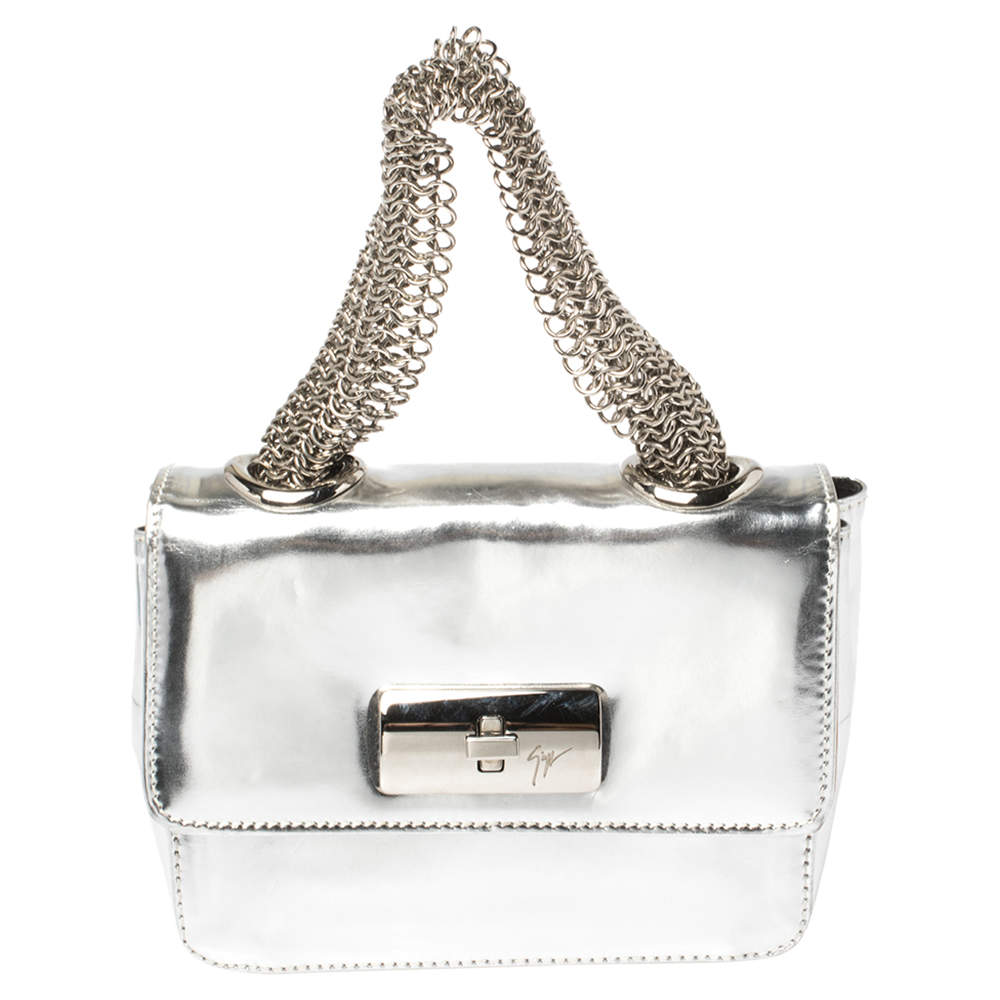 Pre Owned Giuseppe Zanotti Metallic Silver Leather Mini Multi Chain Top Handle Bag