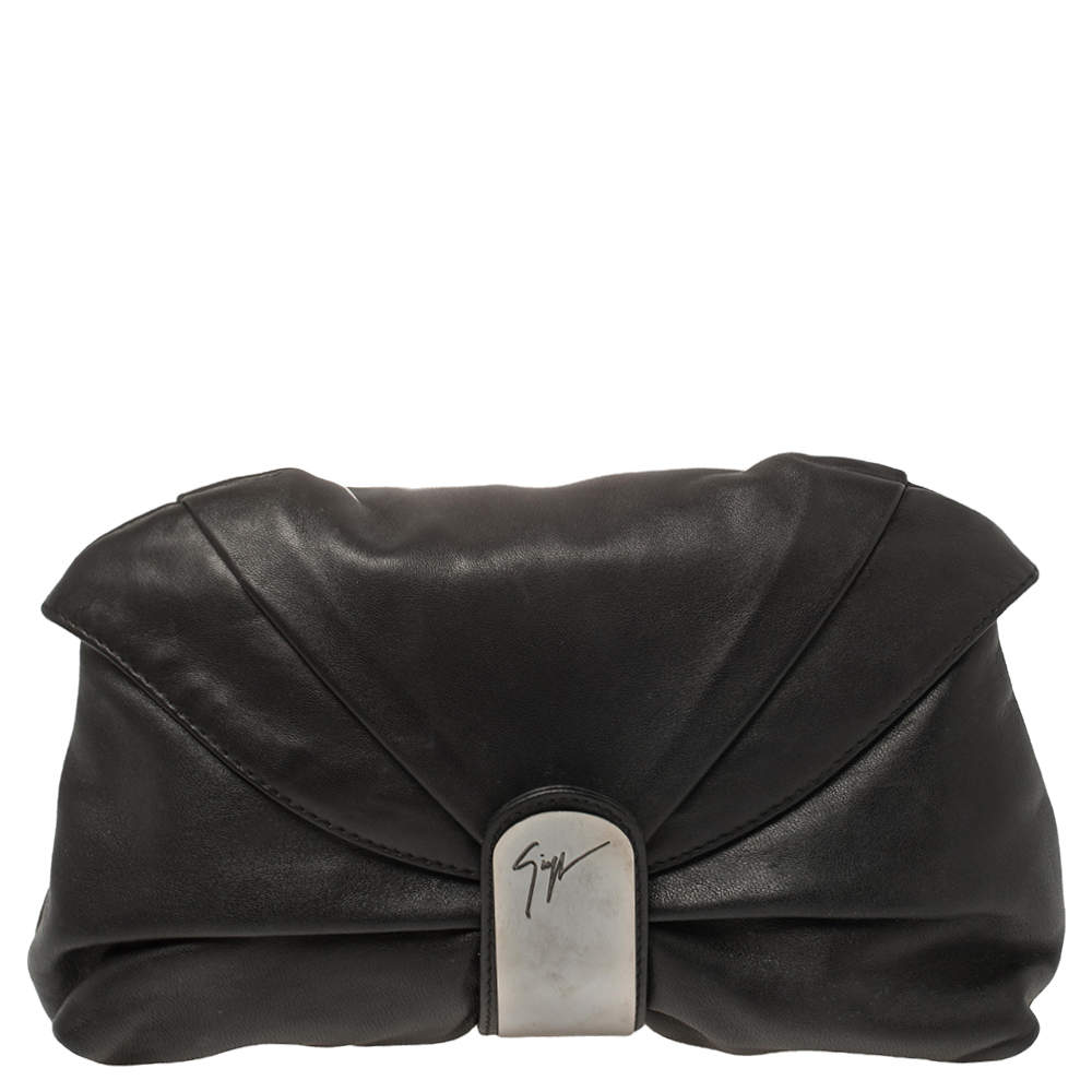 Giuseppe Zanotti Black Pleated Leather Flap Clutch