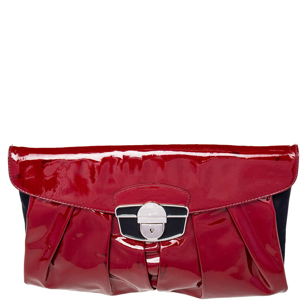 Giuseppe Zanotti Red/Black Satin And Pleated Patent Leather Flap Clutch