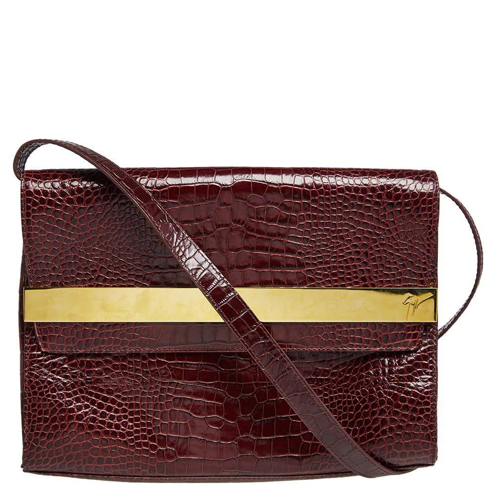 Pre Owned Giuseppe Zanotti Burgundy Croc Embossed Leather Shoulder Bag