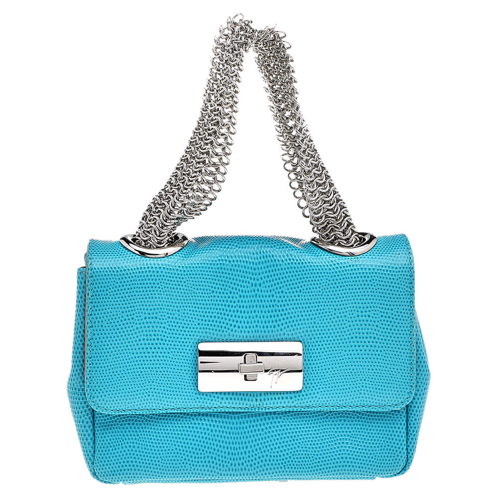 Pre Owned Giuseppe Zanotti Aqua Blue Embossed Leather Chain Top Handle Bag