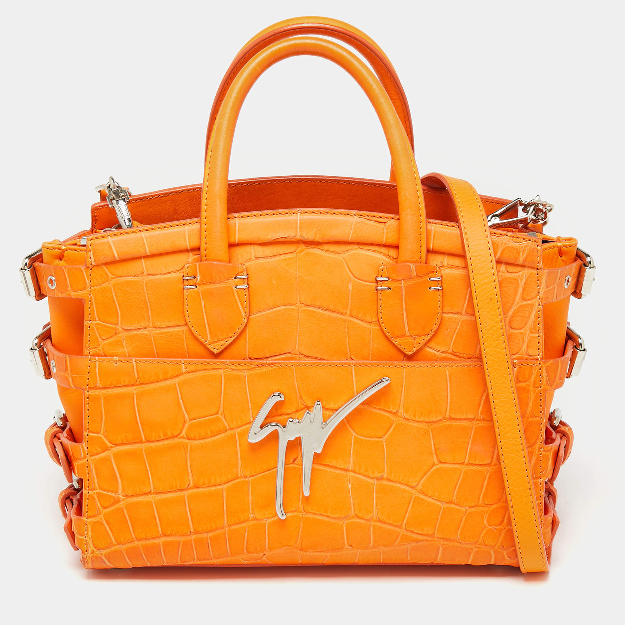 Giuseppe Zanotti Neon Orange Croc Embossed Leather G17 Top Handle Bag