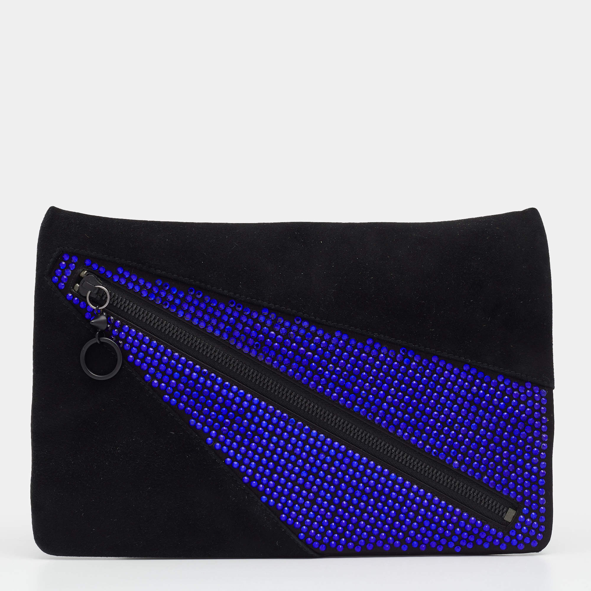 Pre Owned Giuseppe Zanotti Black Suede and Leather Embellished Zip Clutch