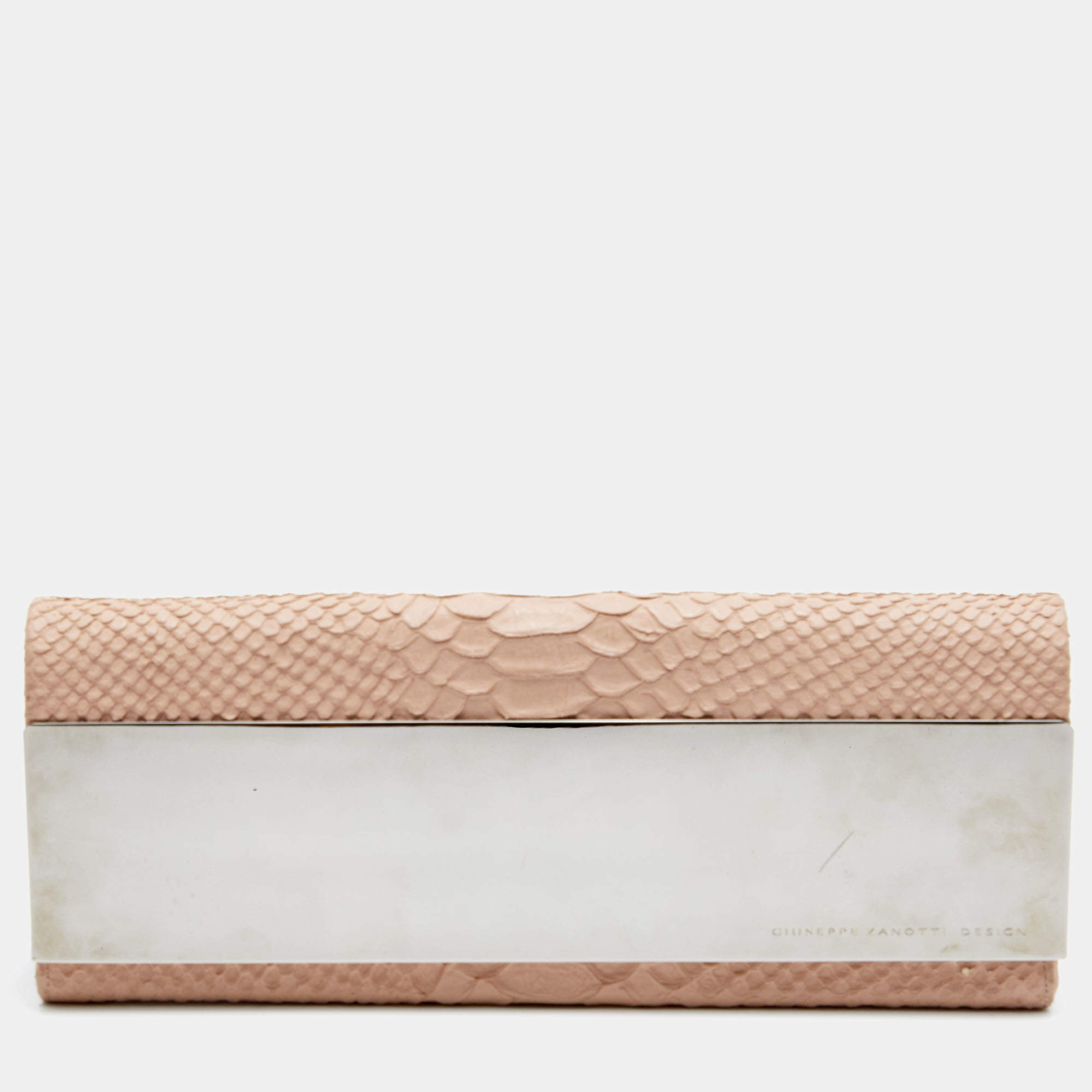 Giuseppe Zanotti Beige Python Embossed Leather Metal Trapezoid Clutch