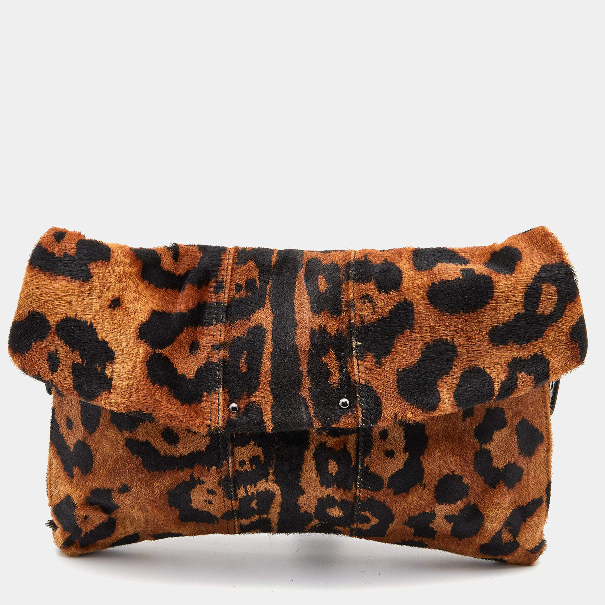 Giuseppe Zanotti Brown Leopard Print Calfhair Flap Clutch
