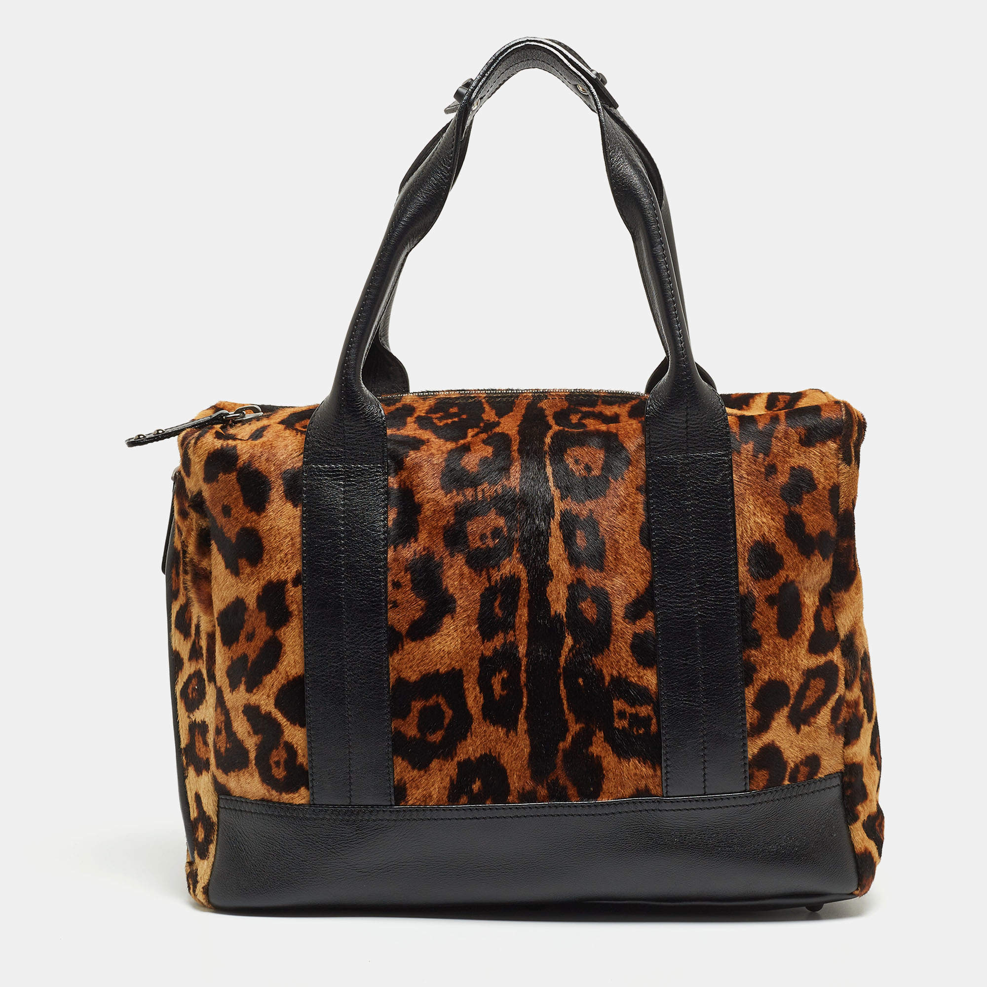 Giuseppe Zanotti Black/Brown Leopard Print Calf Hair and Leather Satchel