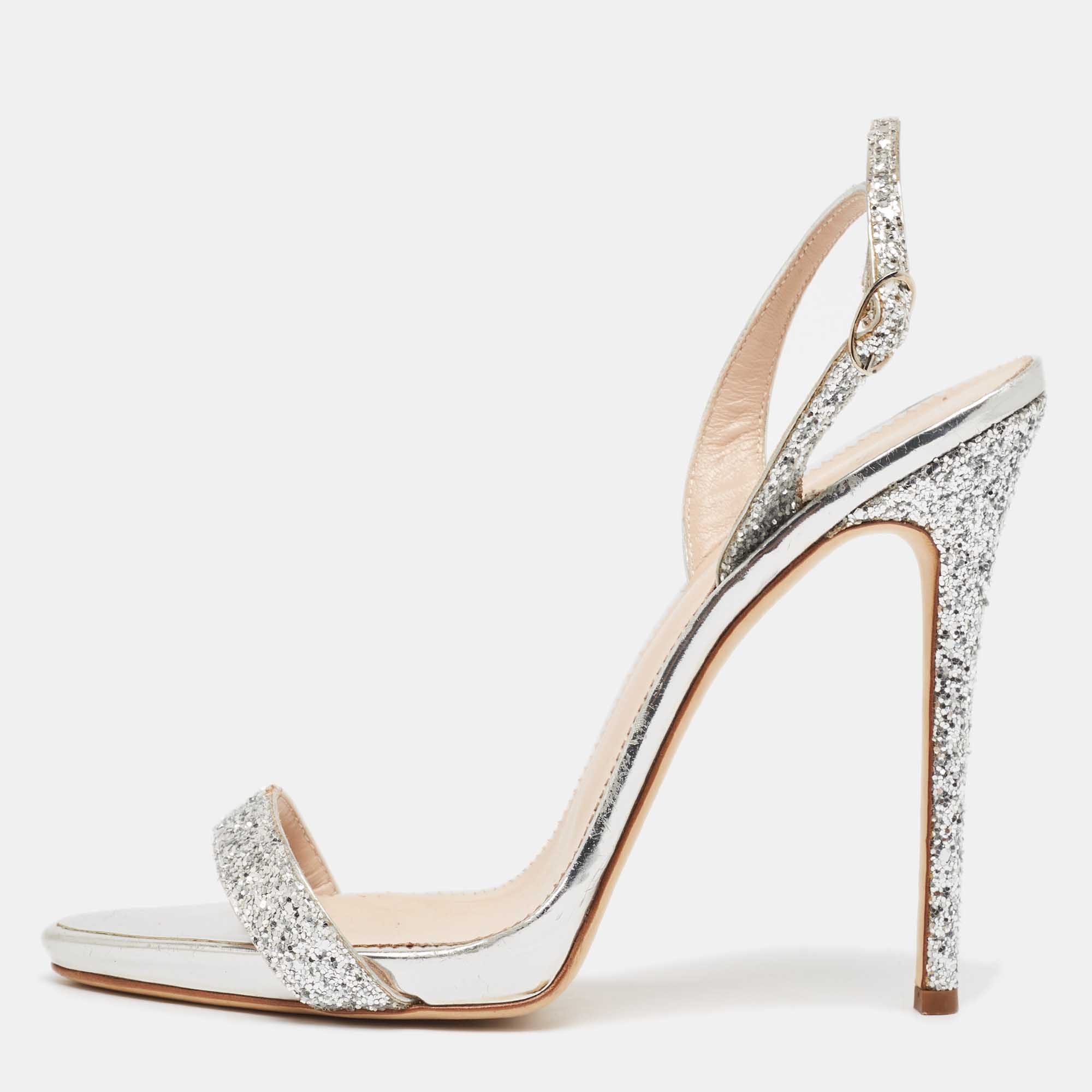 مملوكة مسبقًا Giuseppe Zanotti Silver Coarse Glitter Slingback Sandals Size 41