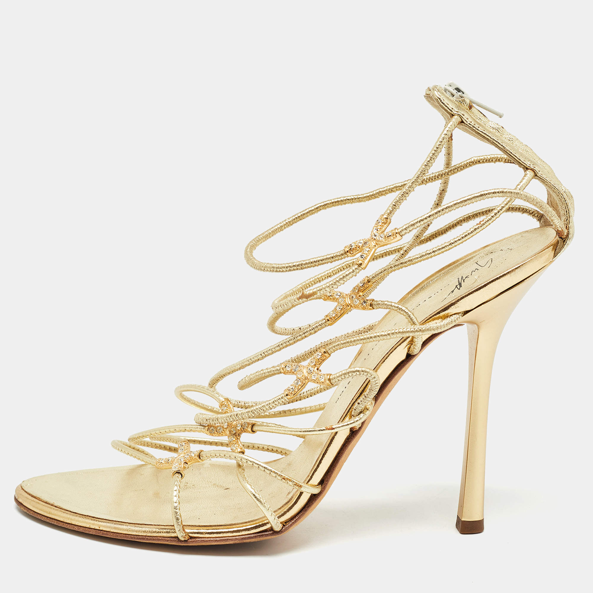 Giuseppe Zanotti Gold Leather Strappy Open Toe Sandals Size 38.5