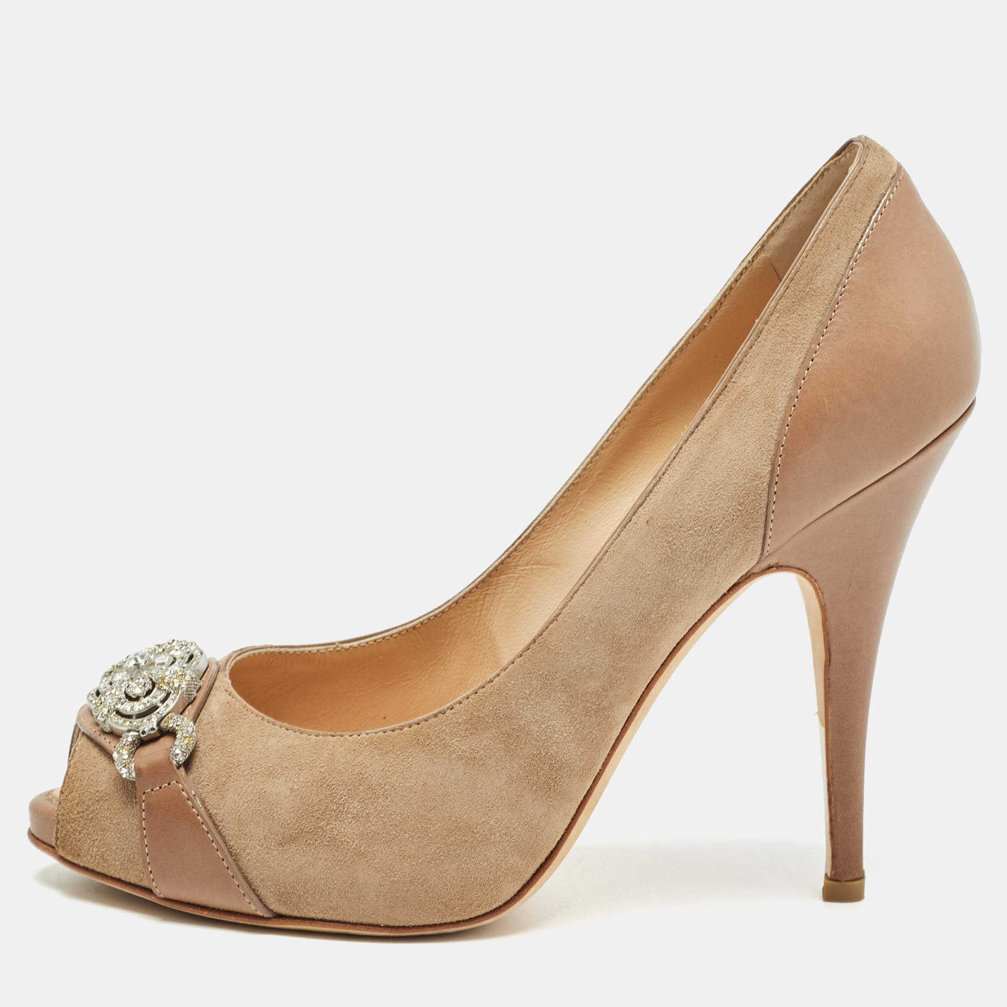Giuseppe Zanotti Beige/Brown Leather and Suede Peep Toe Pumps Size 39