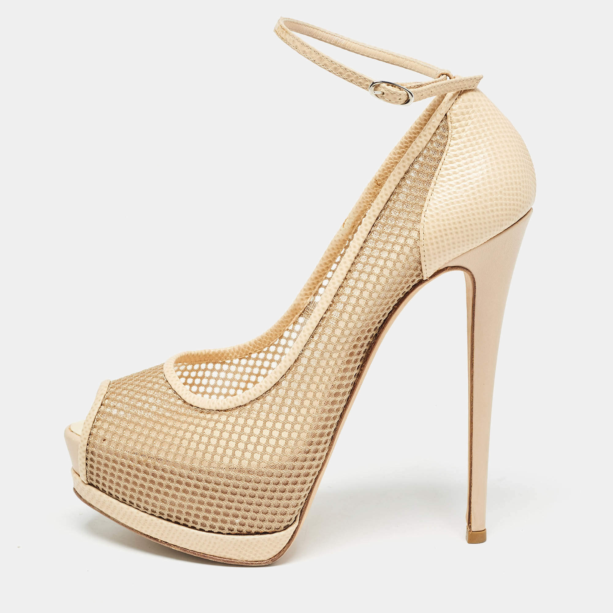 Giuseppe Zanotti Beige Mesh and Lizard Embossed Leather Peep Toe Pumps Size 40.5