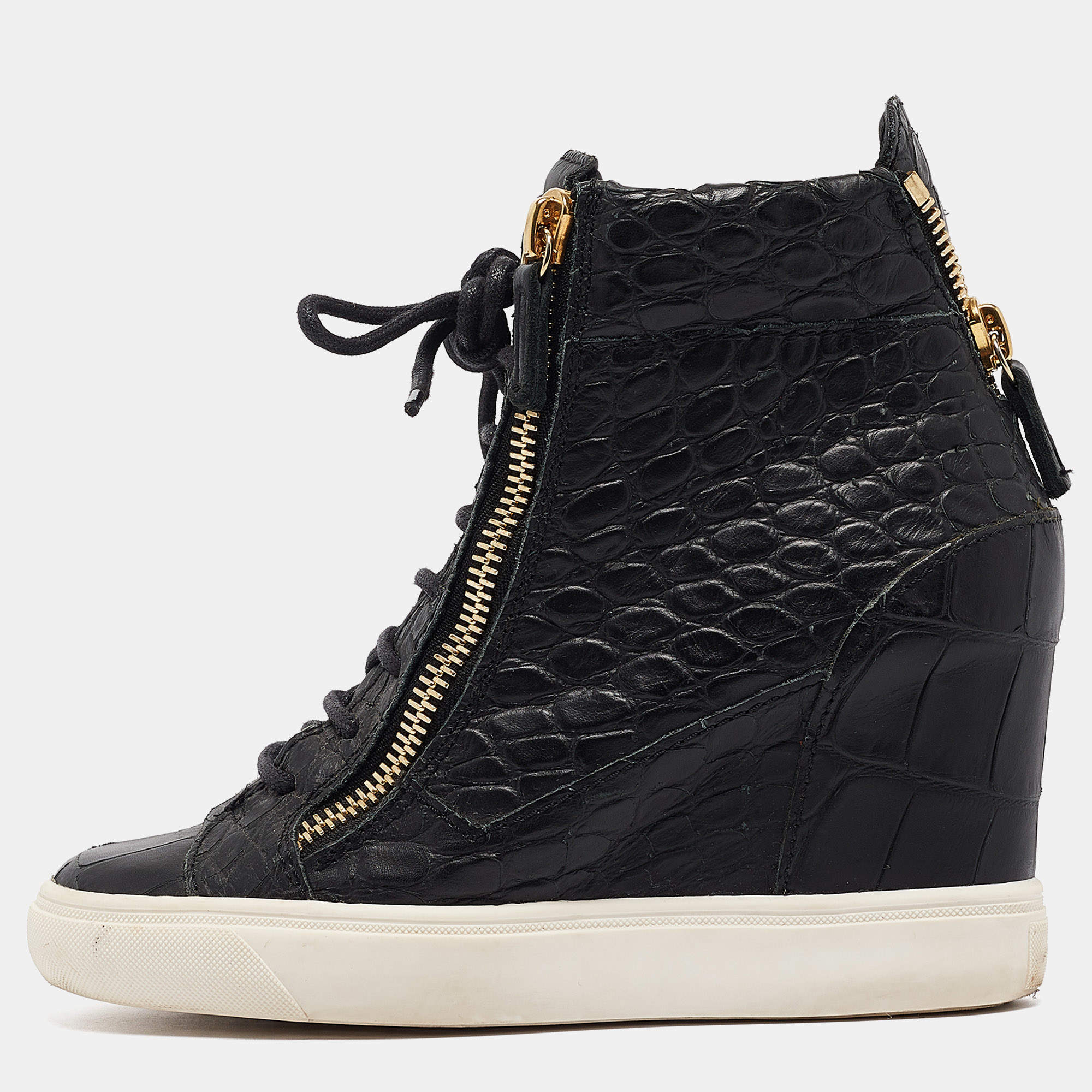 Giuseppe Zanotti Black Croc Embossed Leather Double Zipper High Top Sneakers Size 37