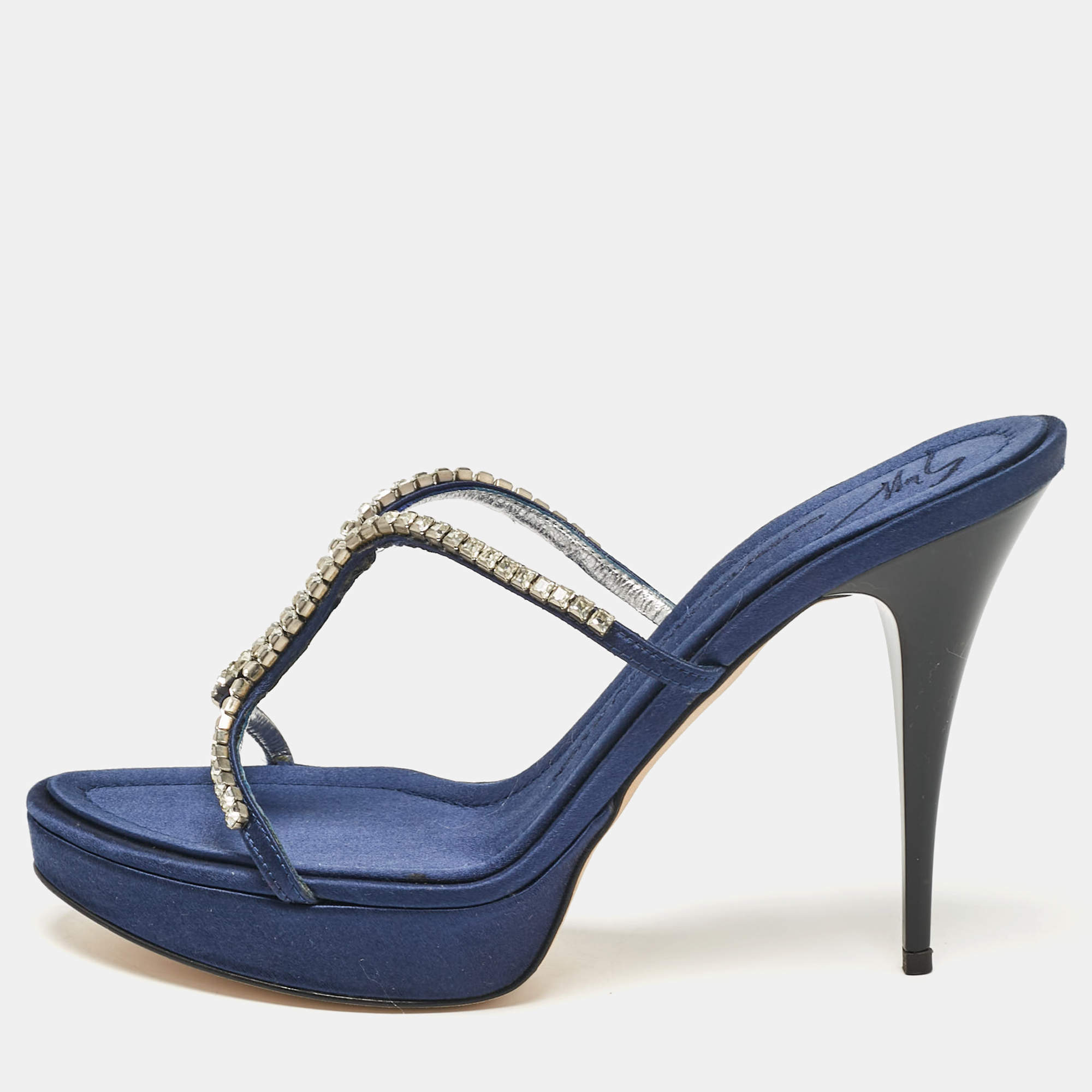 Giuseppe Zanotti Blue Satin Crystal Embellished Platform Slide Sandals Size 39