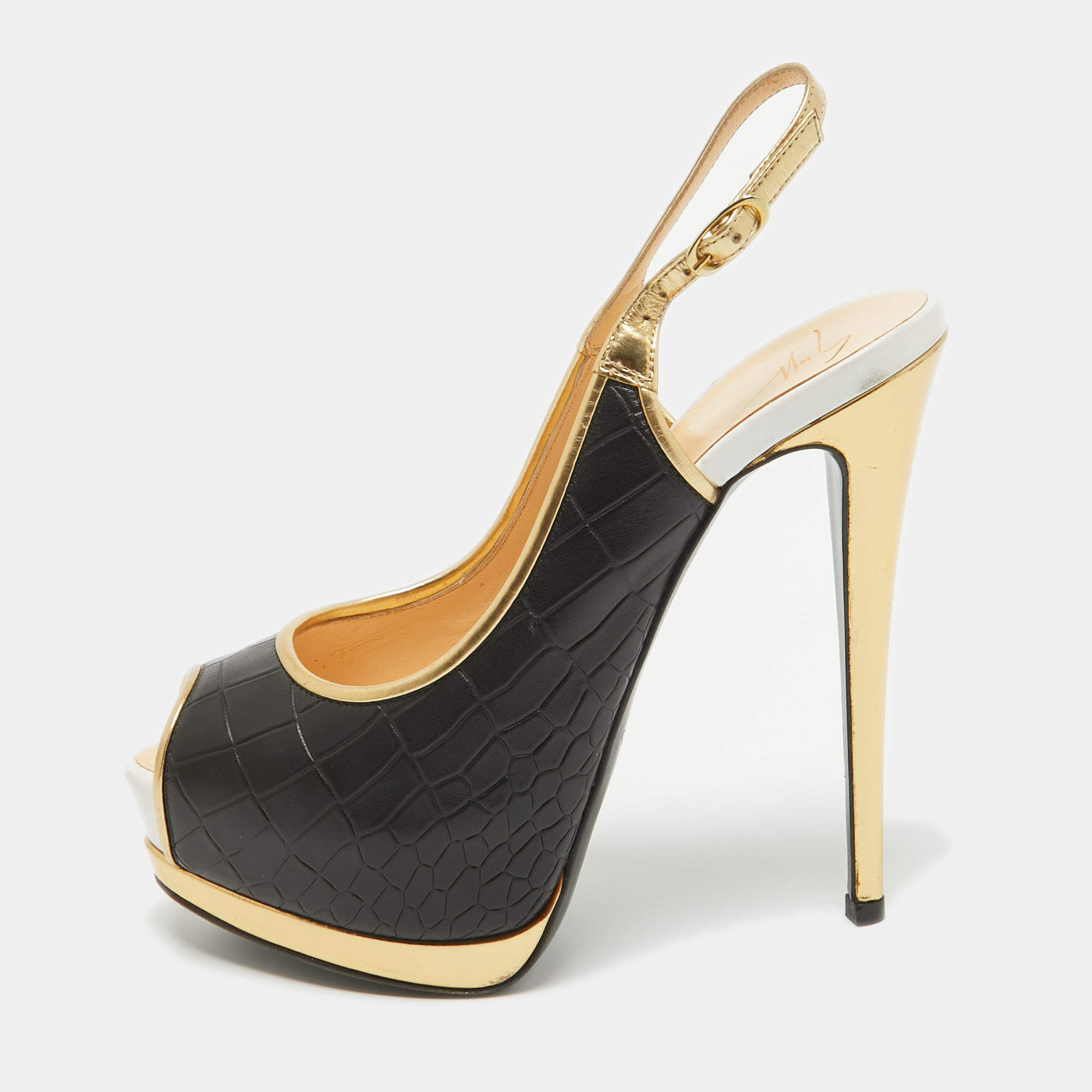 Pre Owned Giuseppe Zanotti Black Croc Embossed Peep Toe Pumps Size 38