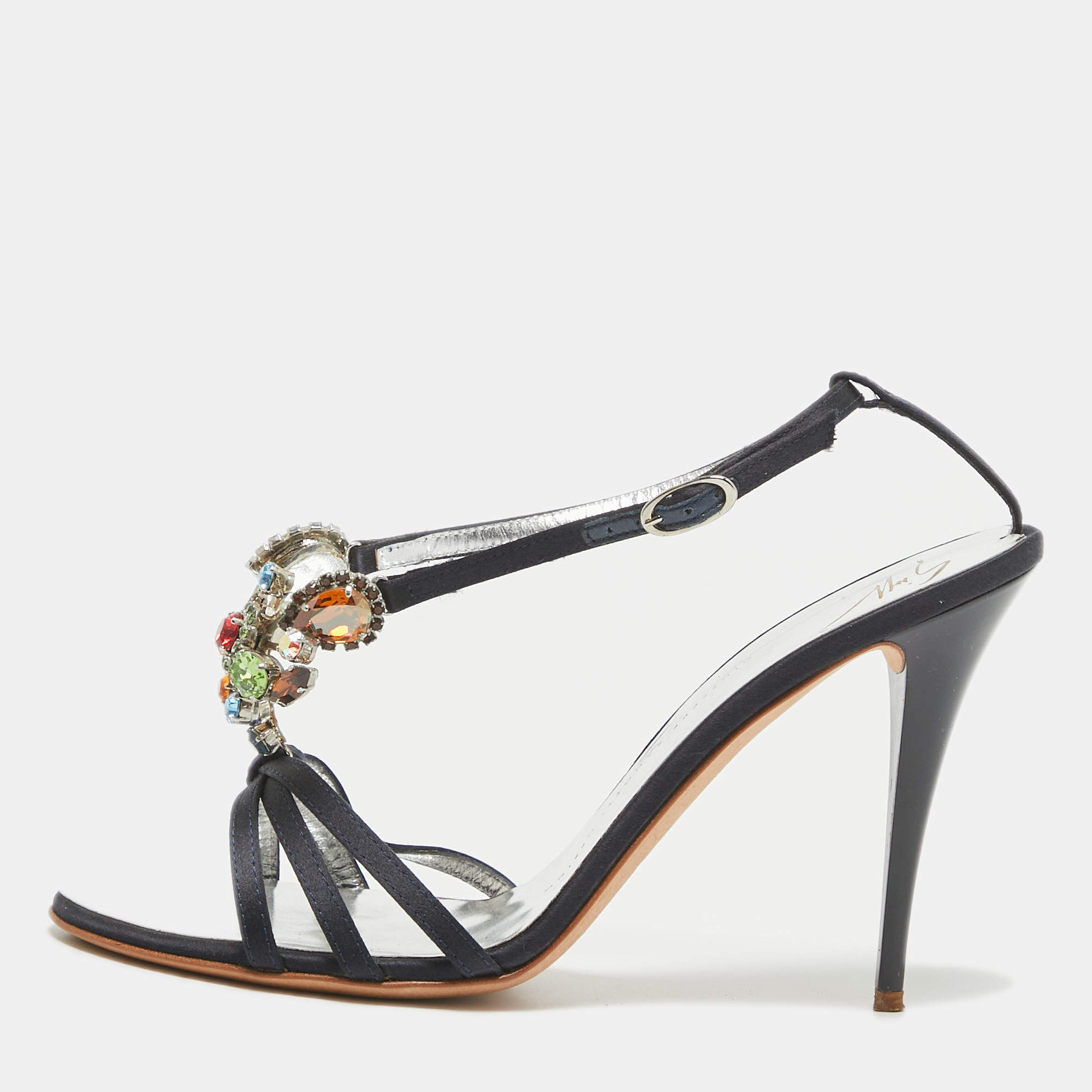 Pre Owned Giuseppe Zanotti Navy Blue Satin Crystals Embellished Ankle Strap Sandals Size 39.5