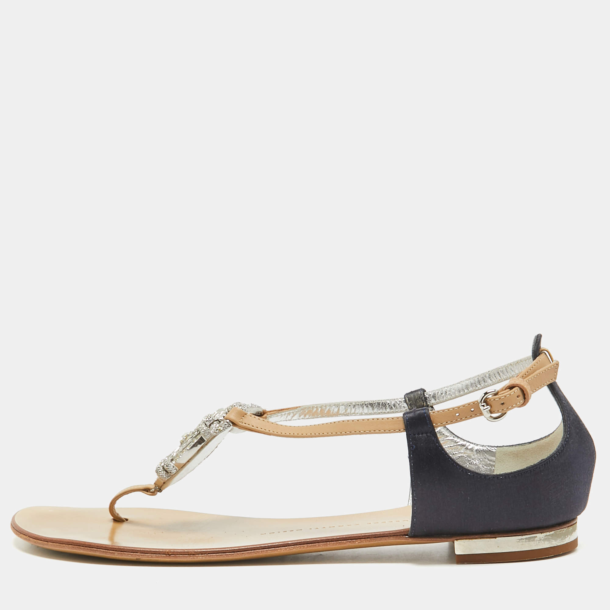 مملوكة مسبقًا Giuseppe Zanotti Brown/Navy Blue Leather and Satin Ankle Strap Sandals Size 39.5