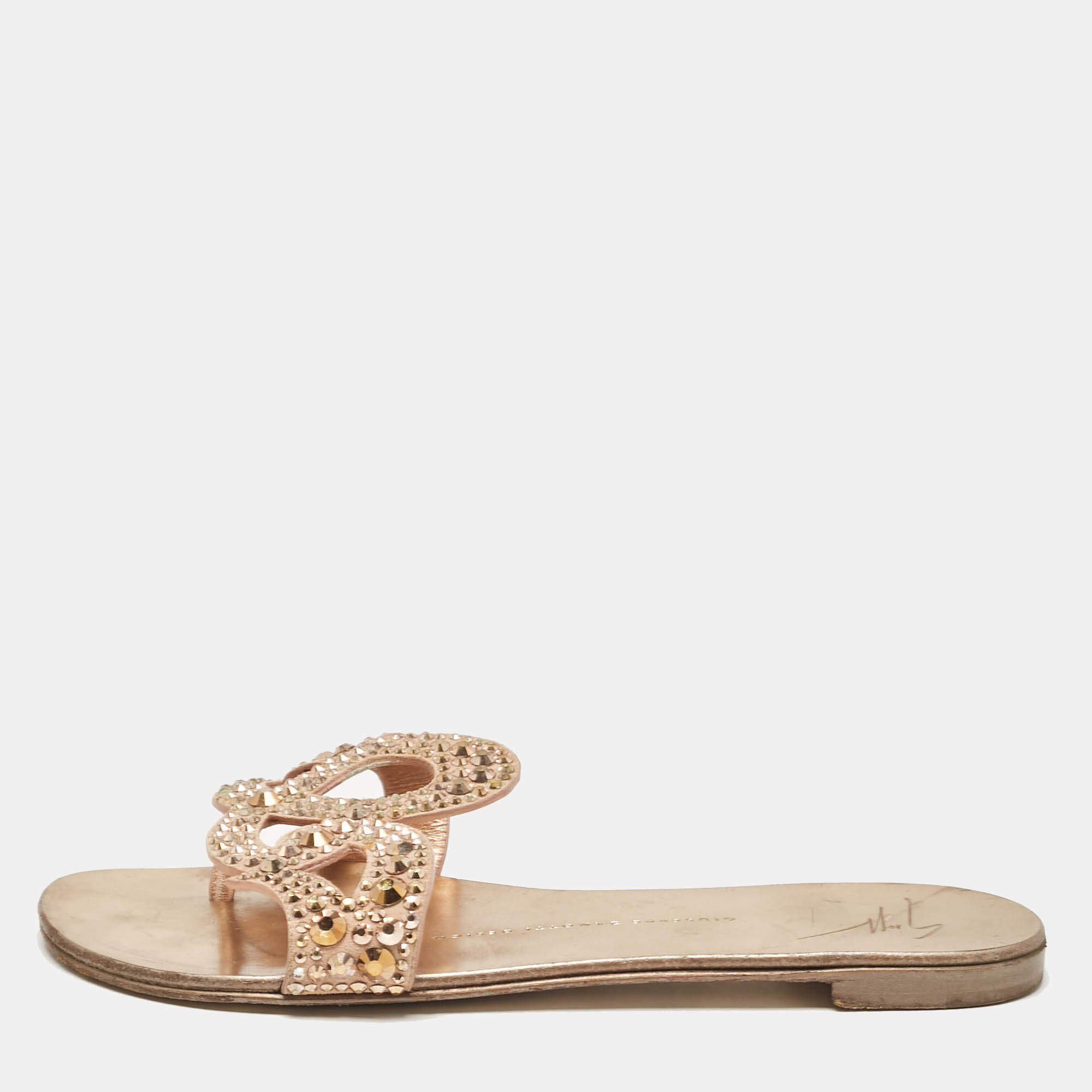 Giuseppe Zanotti Gold Crystal Embellished Suede Turchesite Flat Slides Size 37