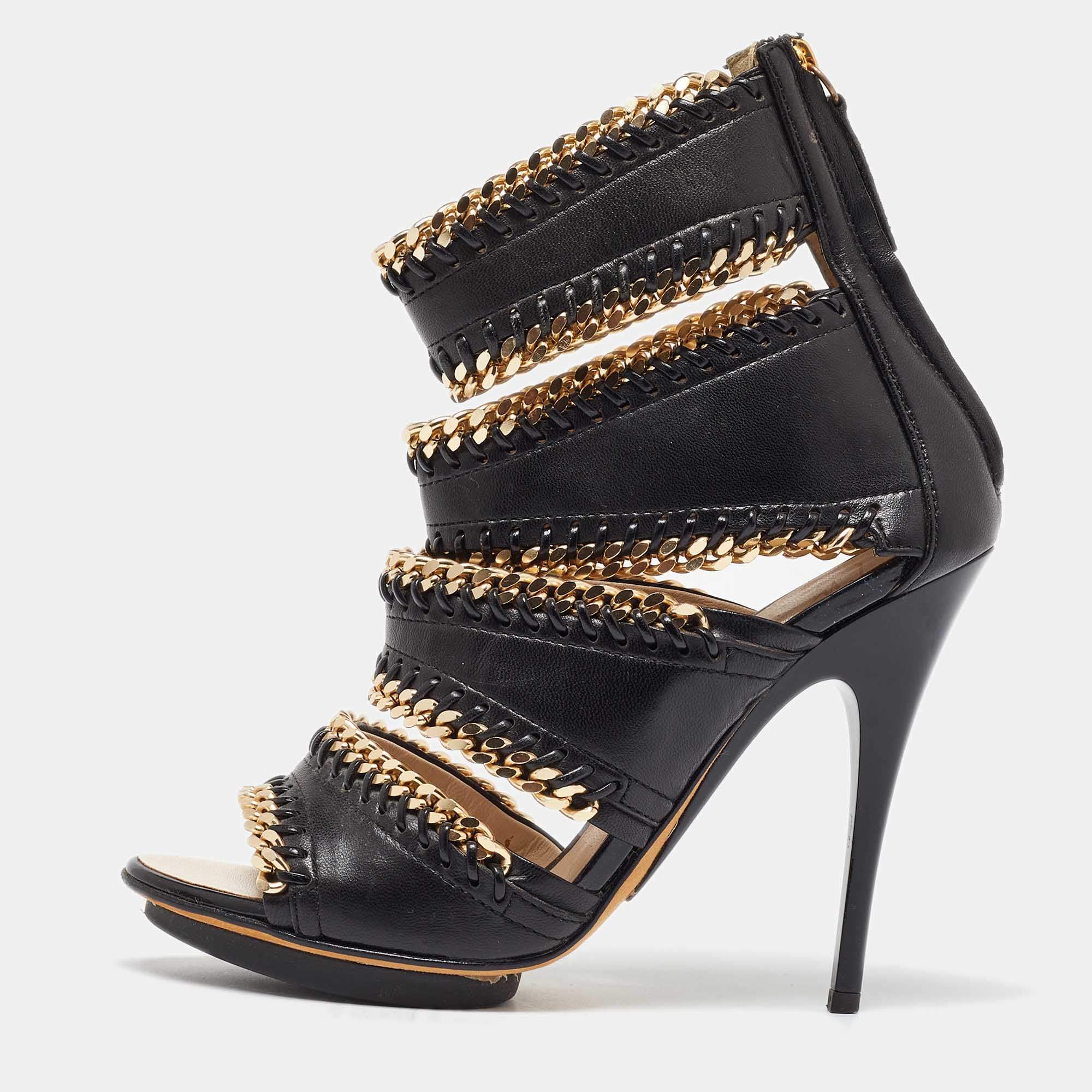 Giuseppe Zanotti Black Leather Chain Embellished Trim Cut Out Sandals Size 35.5