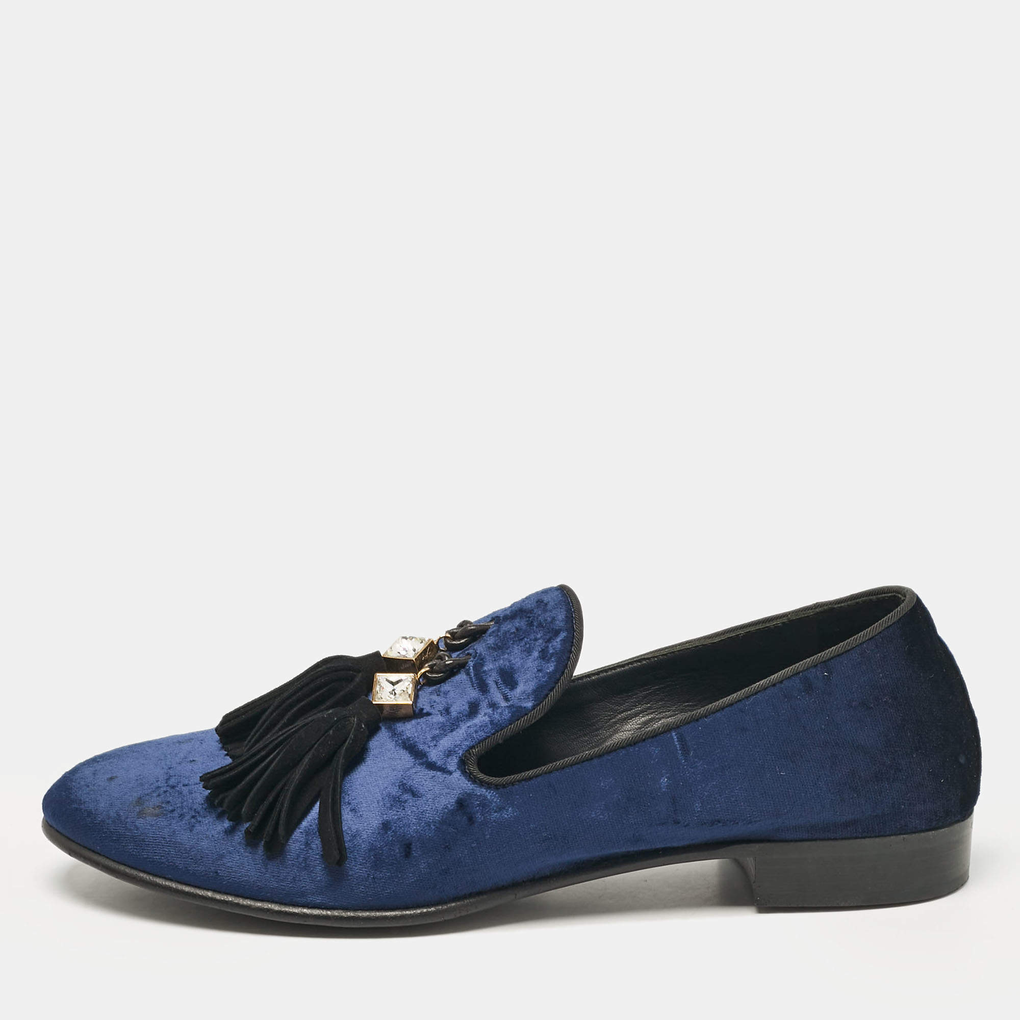 Giuseppe Zanotti Blue Velvet Embellished Tassels Smoking Slippers Size 40