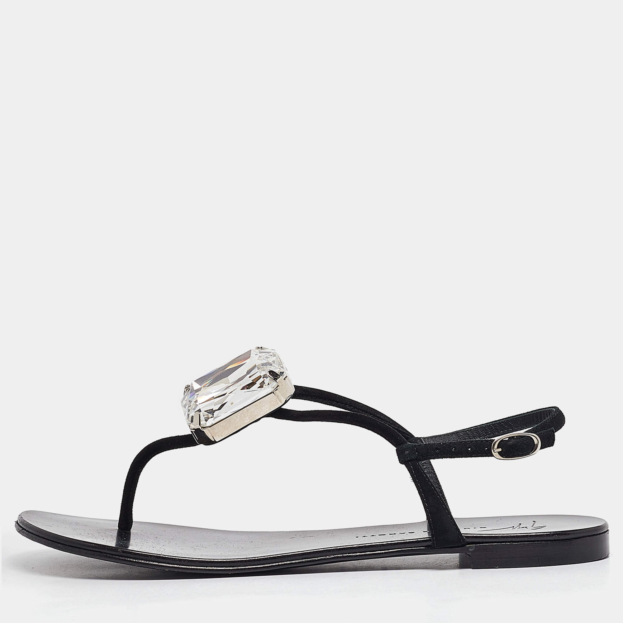 Giuseppe Zanotti Black Suede Crystal Embellished Slingback Sandals Size 38.5