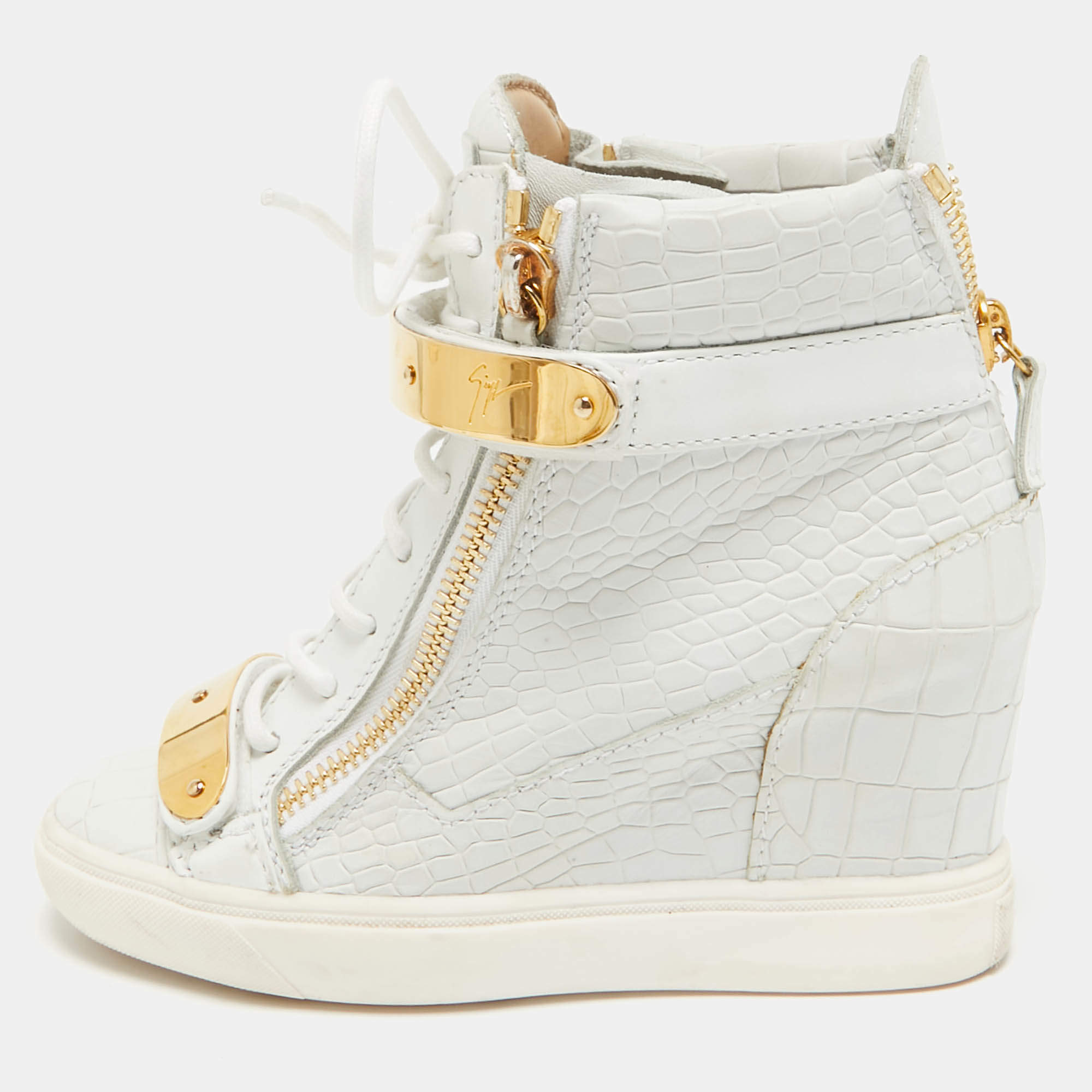 Giuseppe Zanotti White Croc Embossed Leather Lorenz Wedge High Top Sneakers Size 36