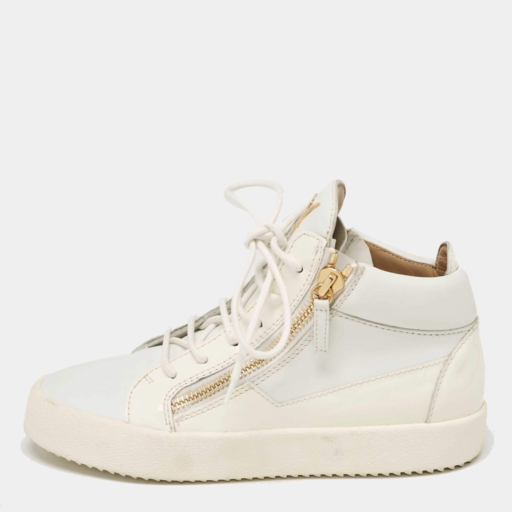 Giuseppe Zanotti White Leather and Patent Leather London High Top Sneakers Size 39.5