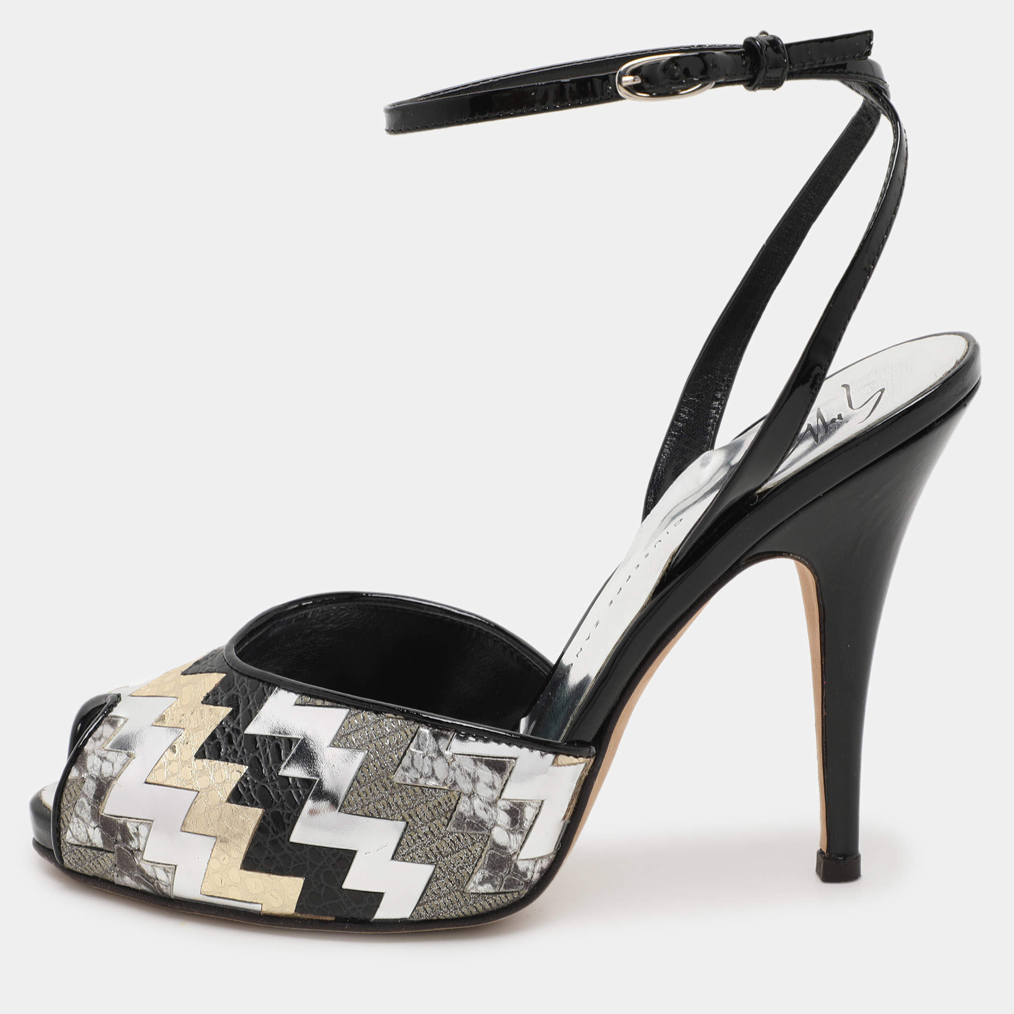 Giuseppe Zanotti Multicolor Zigzag Patent and Leather Mixed Media Ankle Strap Sandals Size 37