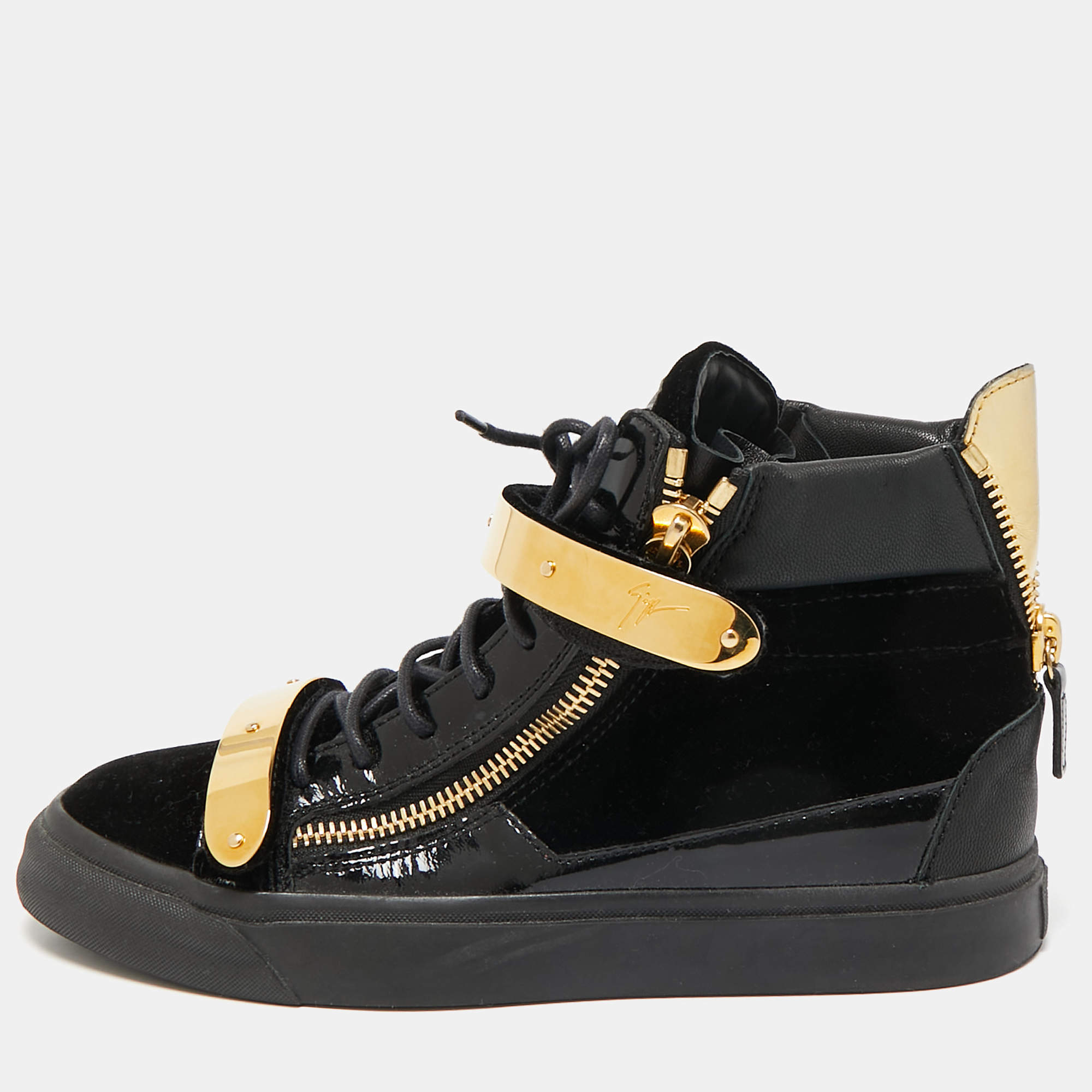 Giuseppe Zanotti Black Velvet And Patent Leather Coby High Top Sneakers Size 39