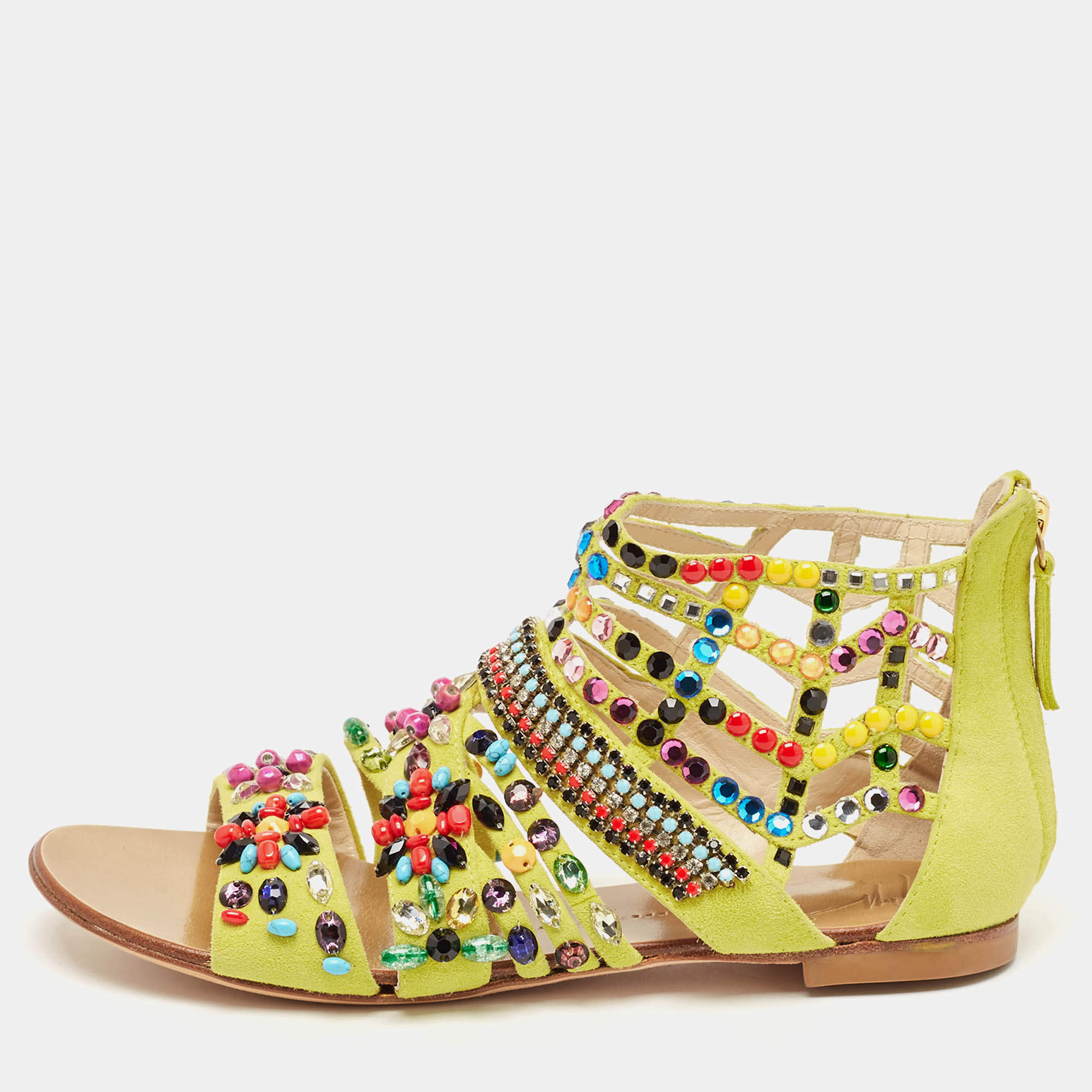 Giuseppe Zanotti Yellow Suede Crystal Embellished Gladiator Flat Sandals Size 36
