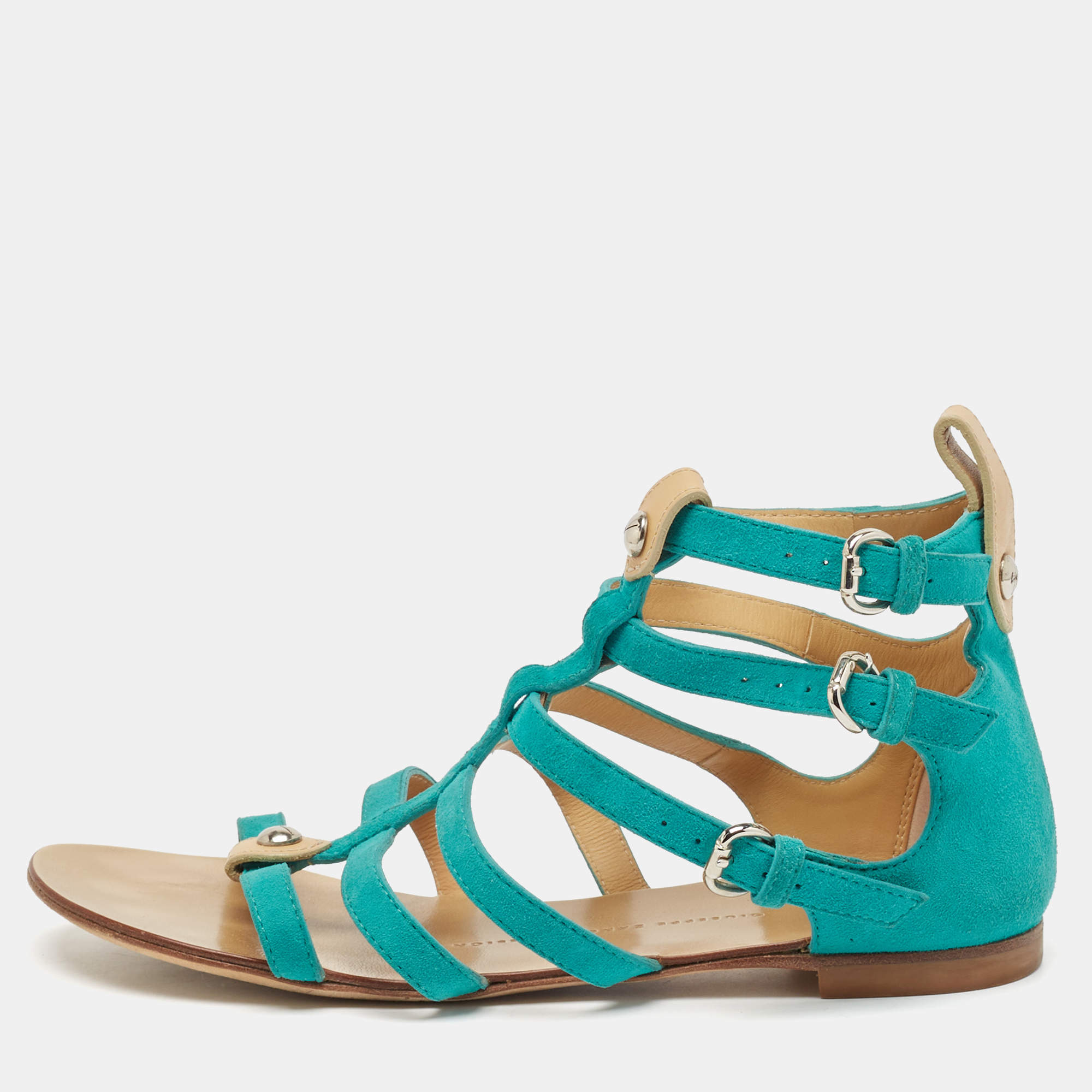 Pre Owned Giuseppe Zanotti Blue Suede Strappy Flat Slides Size 36