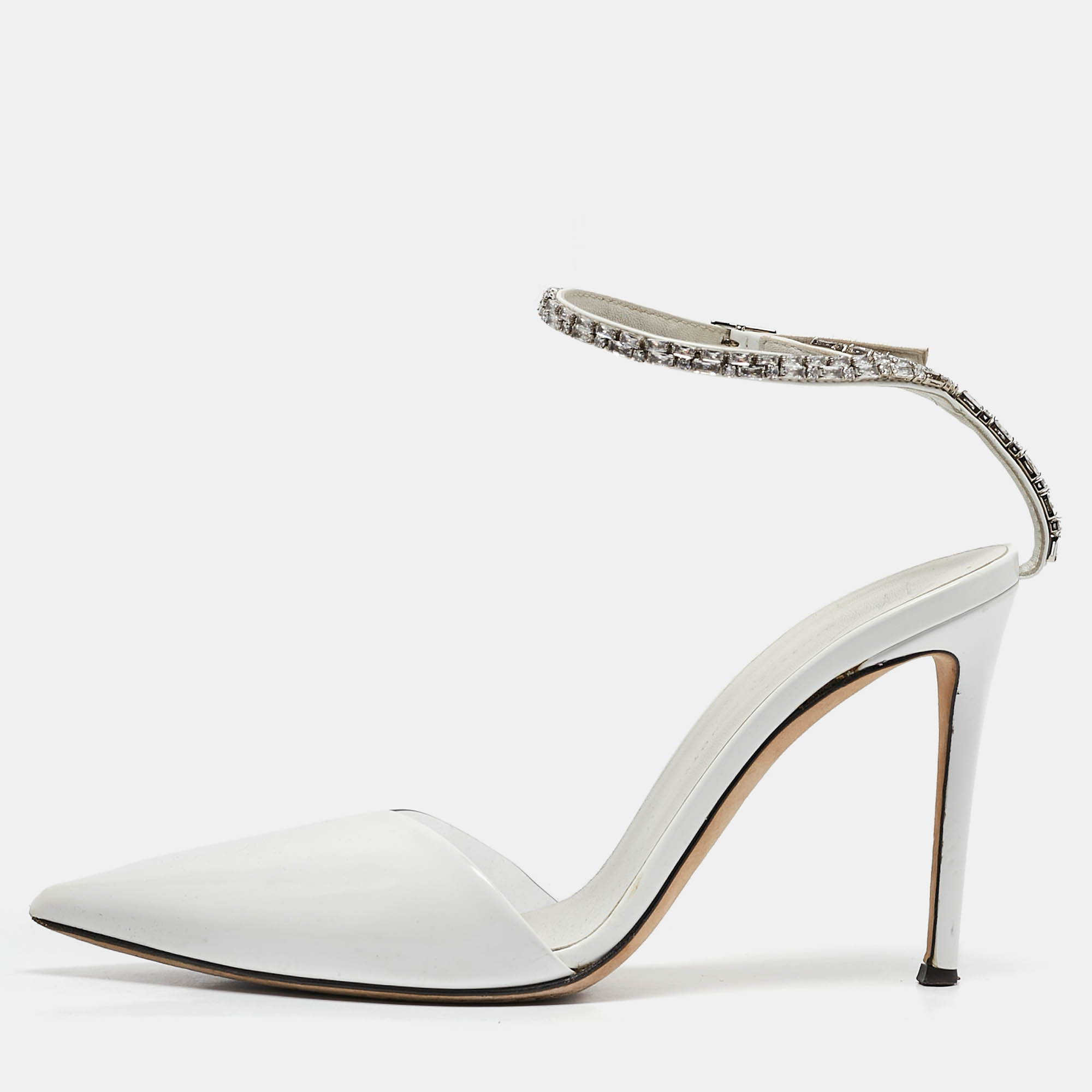 Giuseppe Zanotti White Patent Leather and PVC Crystal Embellished Pumps Size 38