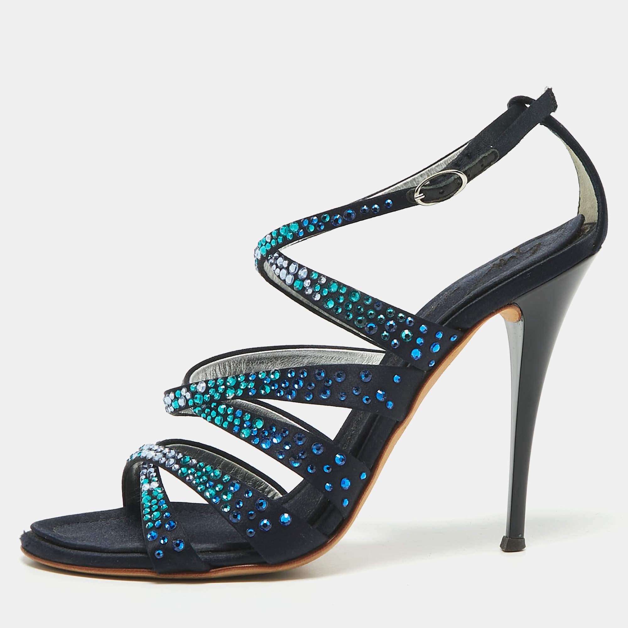 Giuseppe Zanotti Black Satin Crystal Embellished Ankle Strap Sandals Size 37.5