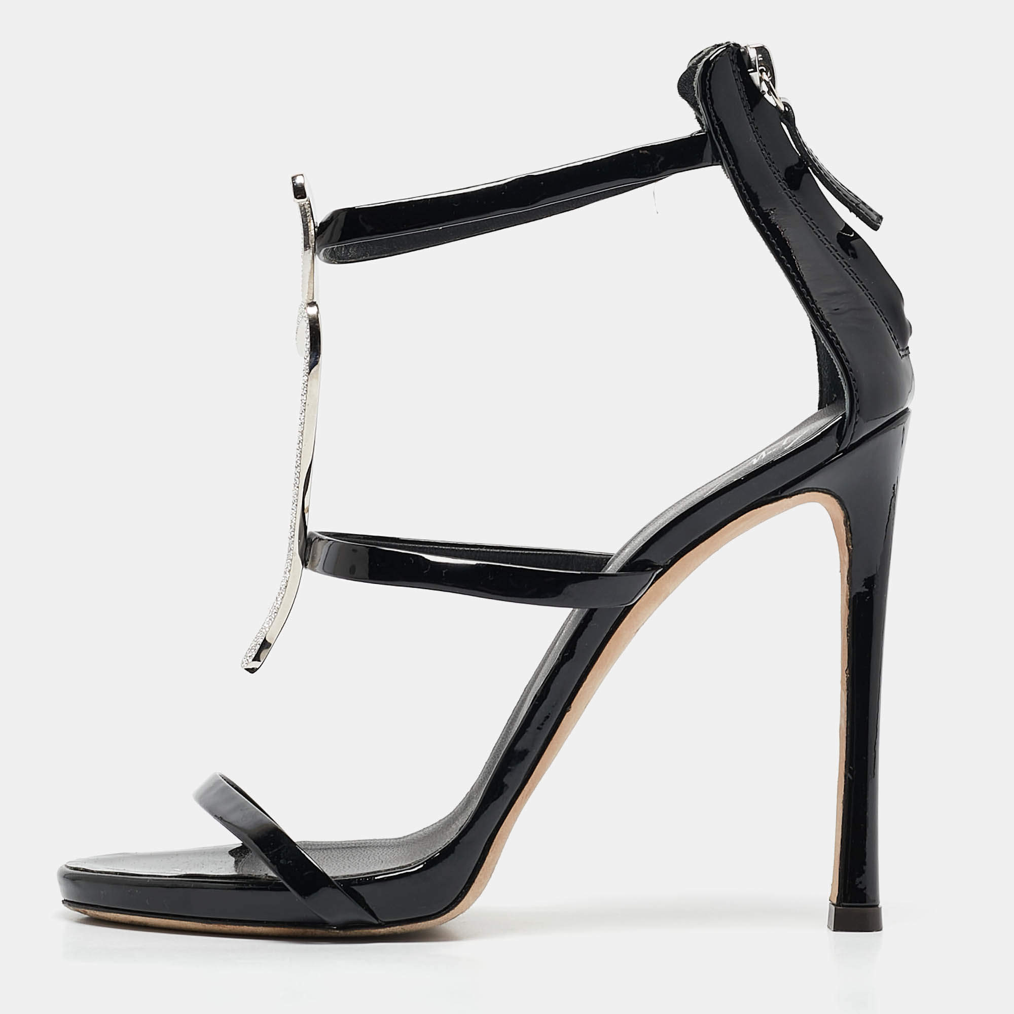 Giuseppe Zanotti Black Patent Leather Crystal Embellished Harmony G Sandals Size 38