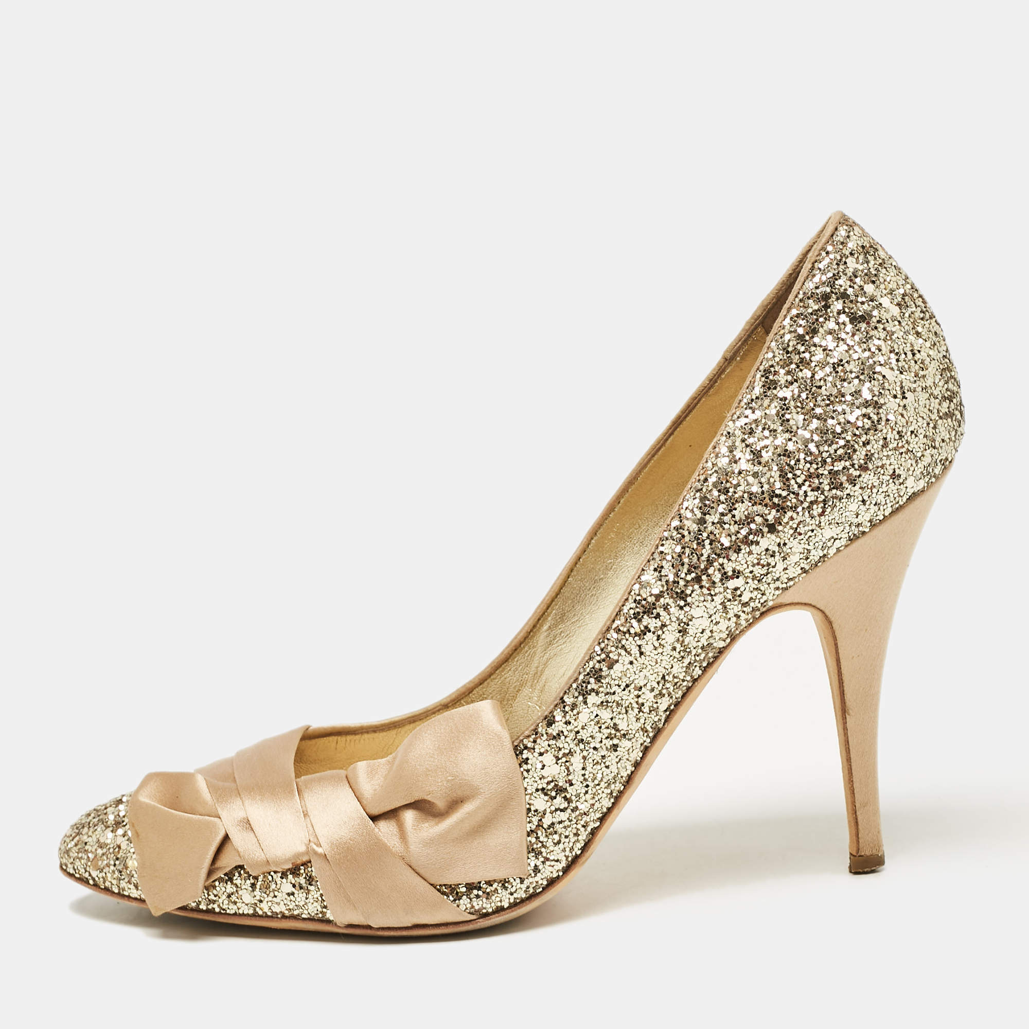 Pre Owned Giuseppe Zanotti Gold Glitter and Satin Uma Pumps Size 40
