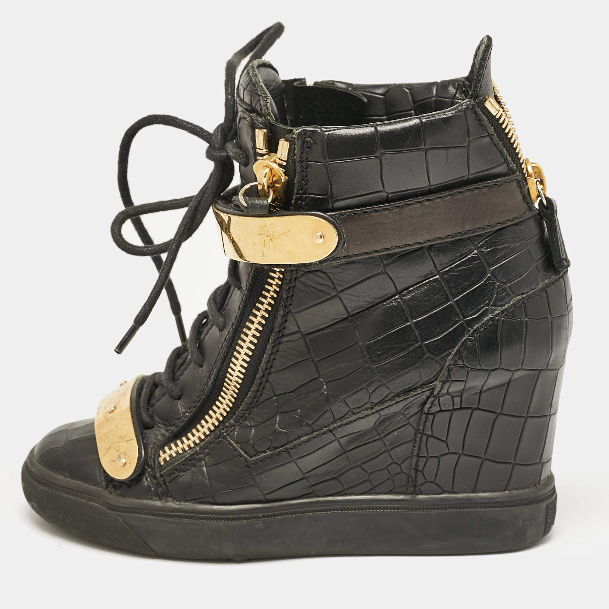 Giuseppe Zanotti Black Croc Embossed Leather Lorenze Wedge Sneakers Size 37