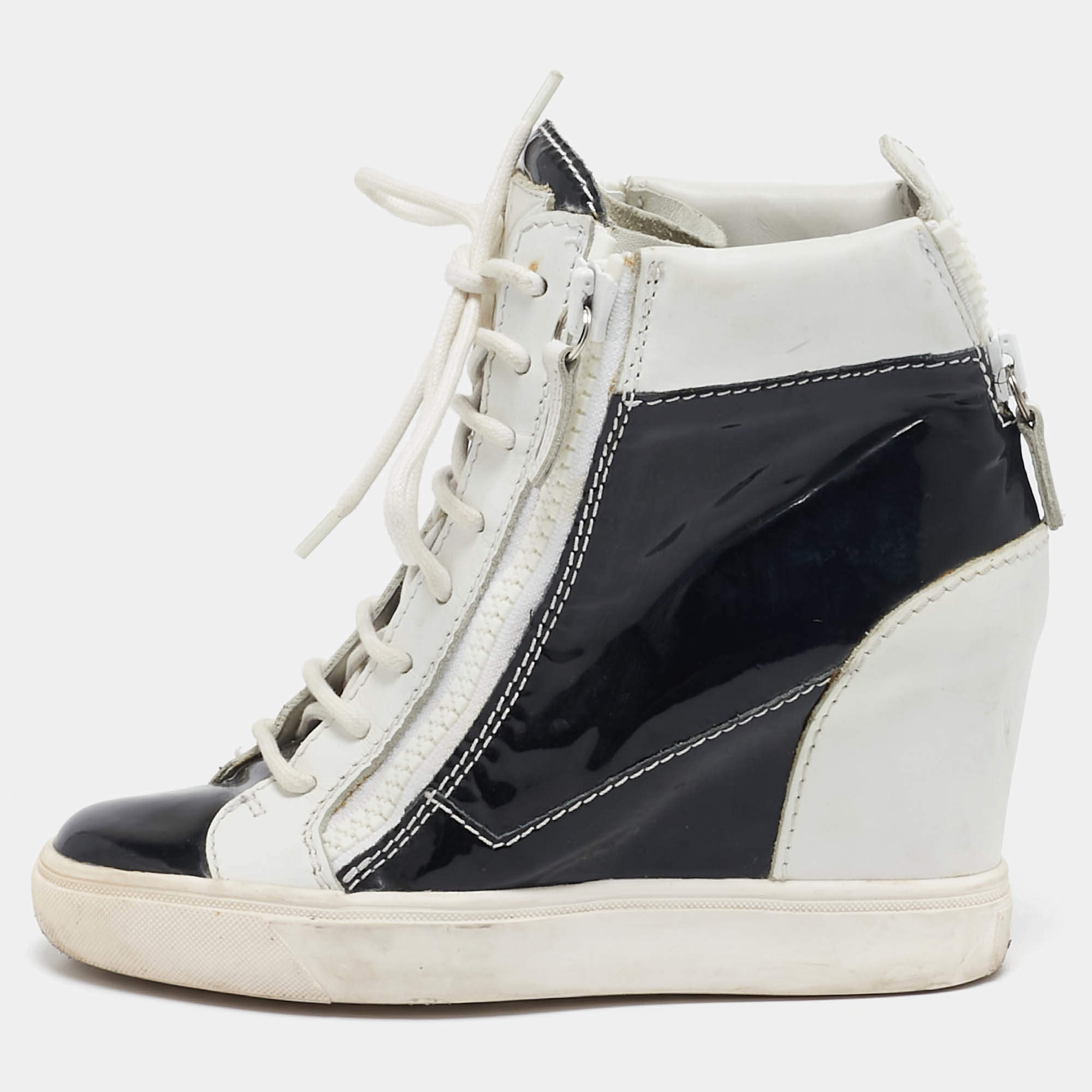 Giuseppe Zanotti Black/White Leather and Patent Leather Lorenz Wedge Sneakers Size 36