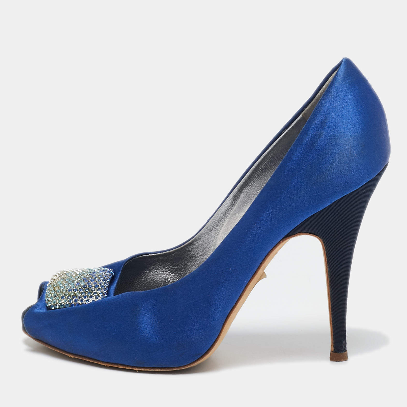 Giuseppe Zanotti Blue Satin Crystal Embellished Peep Toe Platform Pumps Size 37