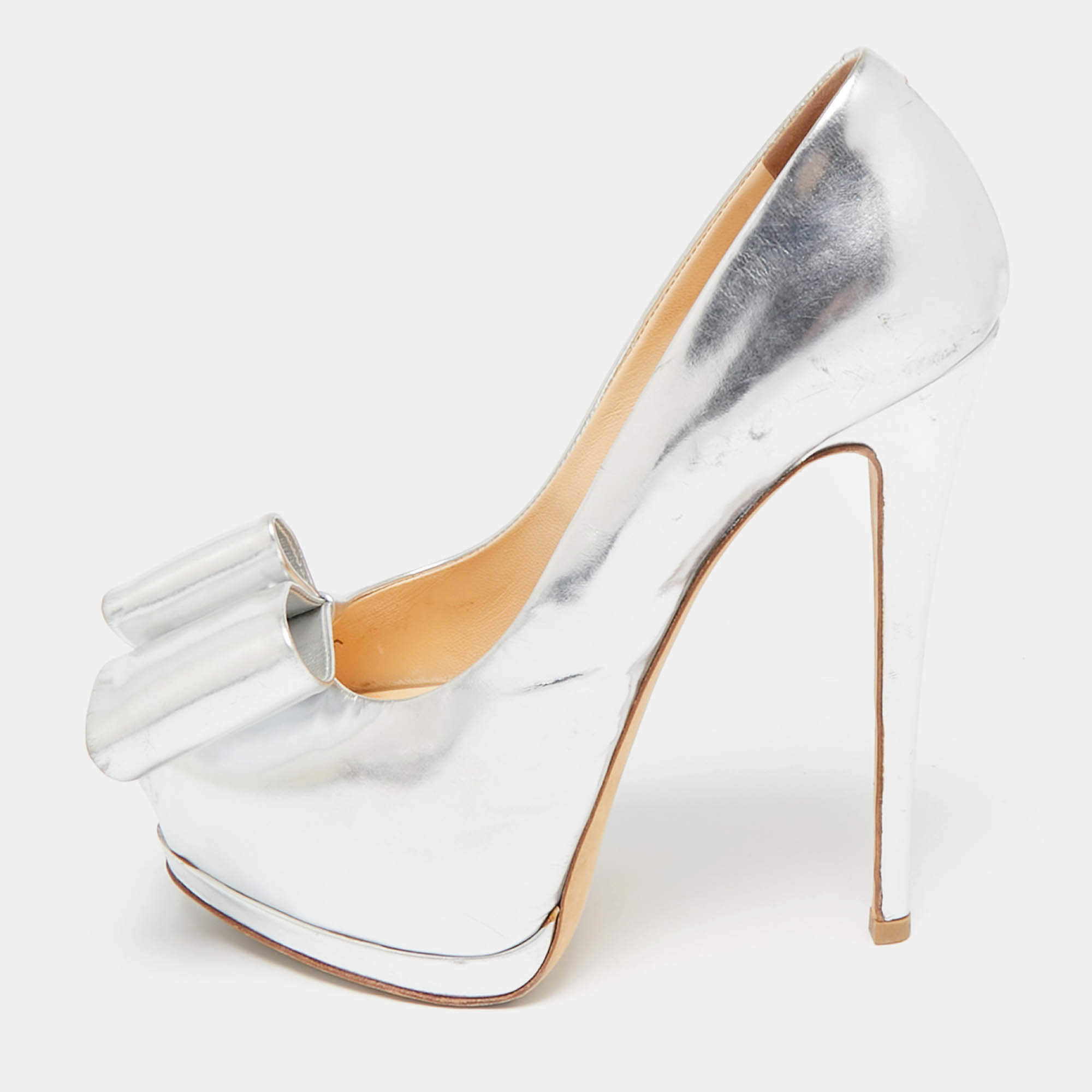 Giuseppe Zanotti Silver Leather Bow Peep Toe Platform Pumps Size 37.5