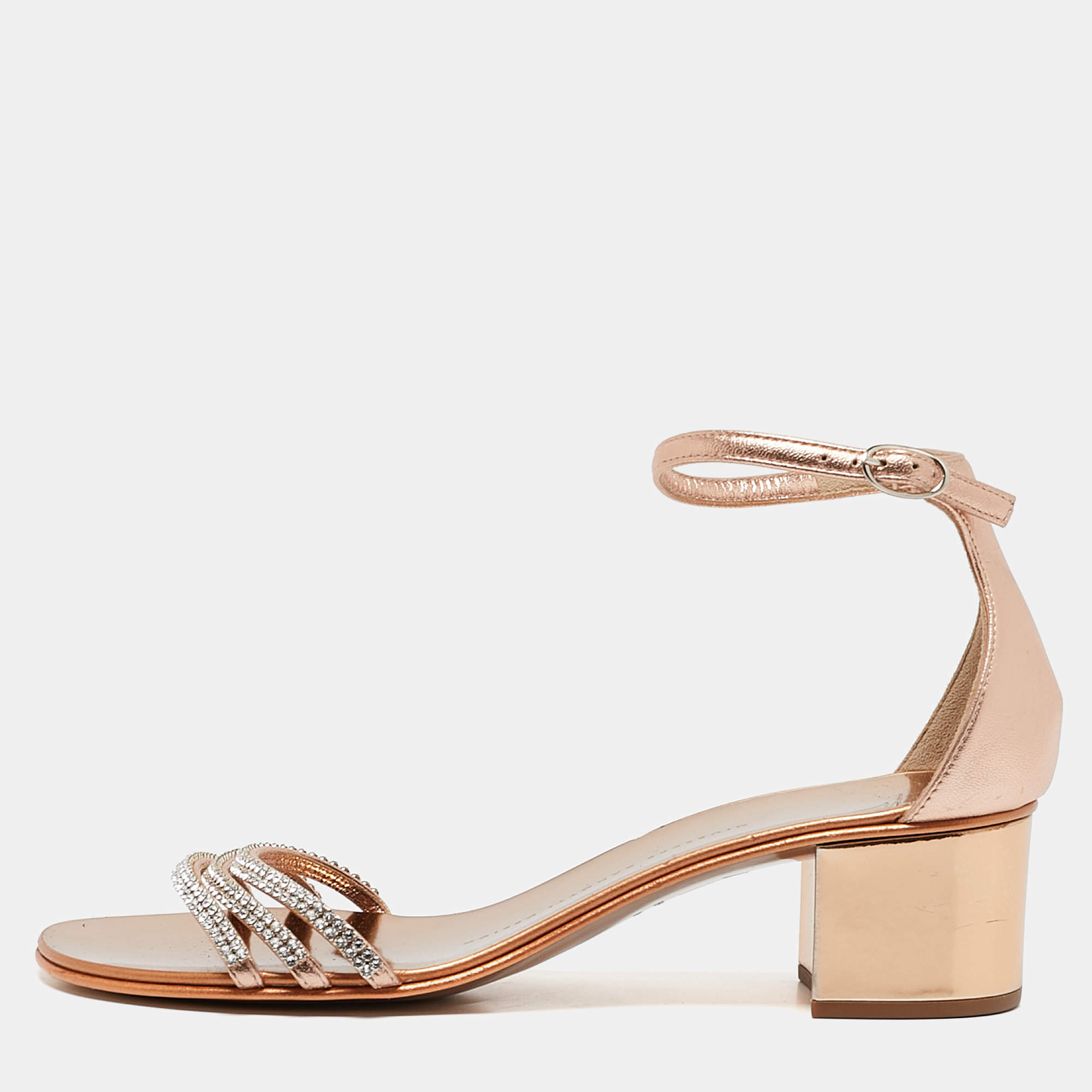 Giuseppe Zanotti Metallic Gold Leather Crystal Embellished Ankle Strap Flat Sandals Size 36