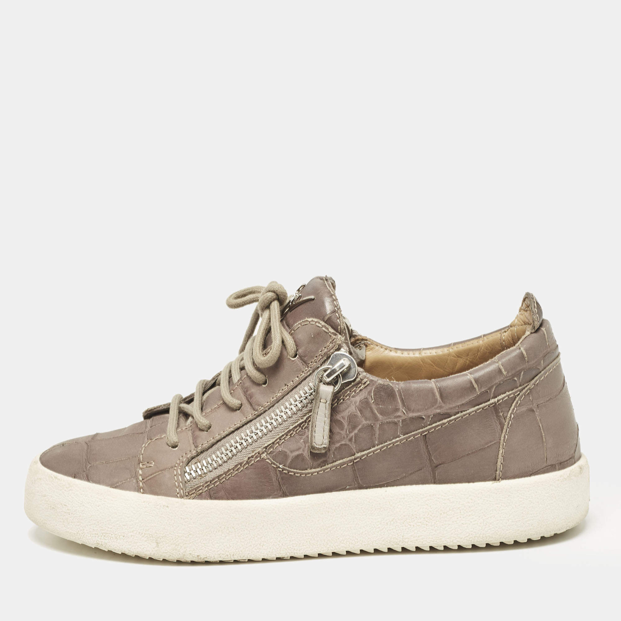 Giuseppe Zanotti Taupe Grey Croc Embossed Leather Frankie Low Top Sneakers Size 39