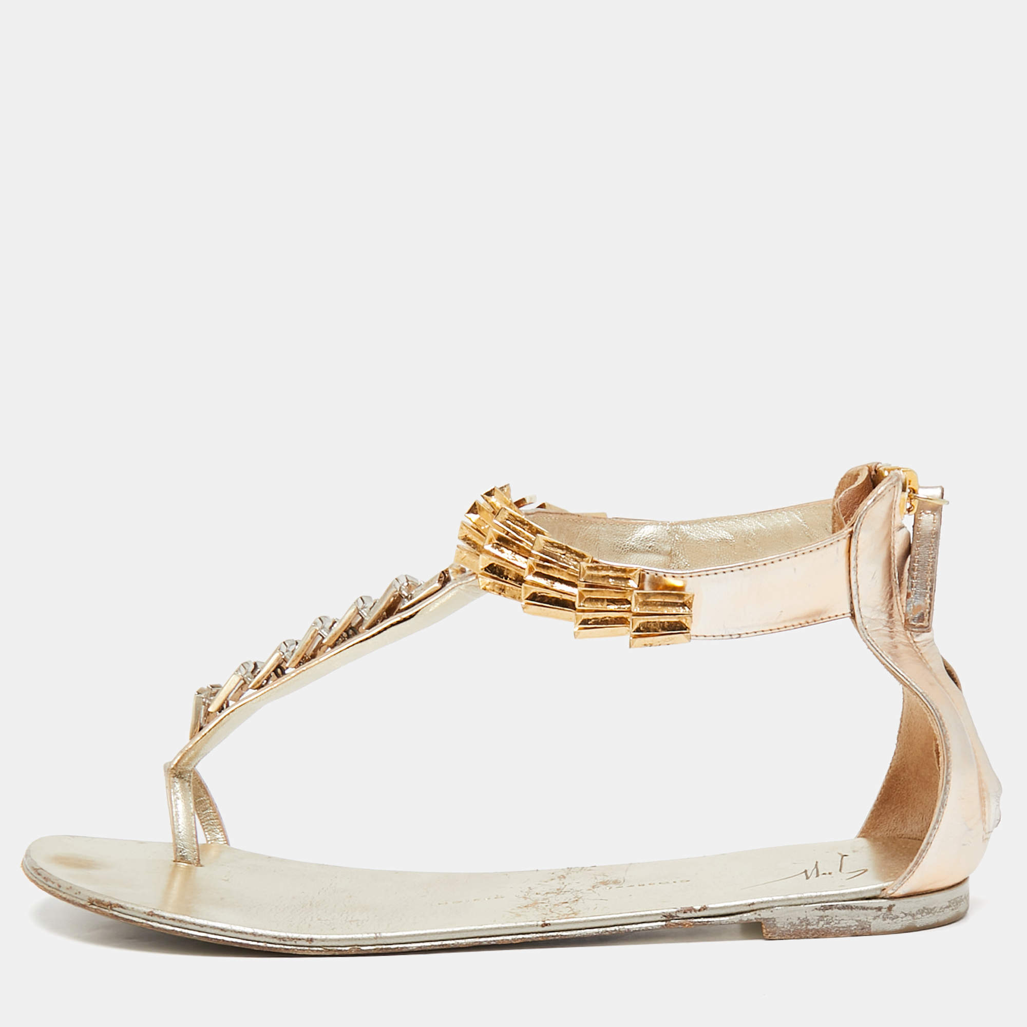 Giuseppe Zanotti Gold Leather Embellished Ankle Strap Flat Sandals Size 41
