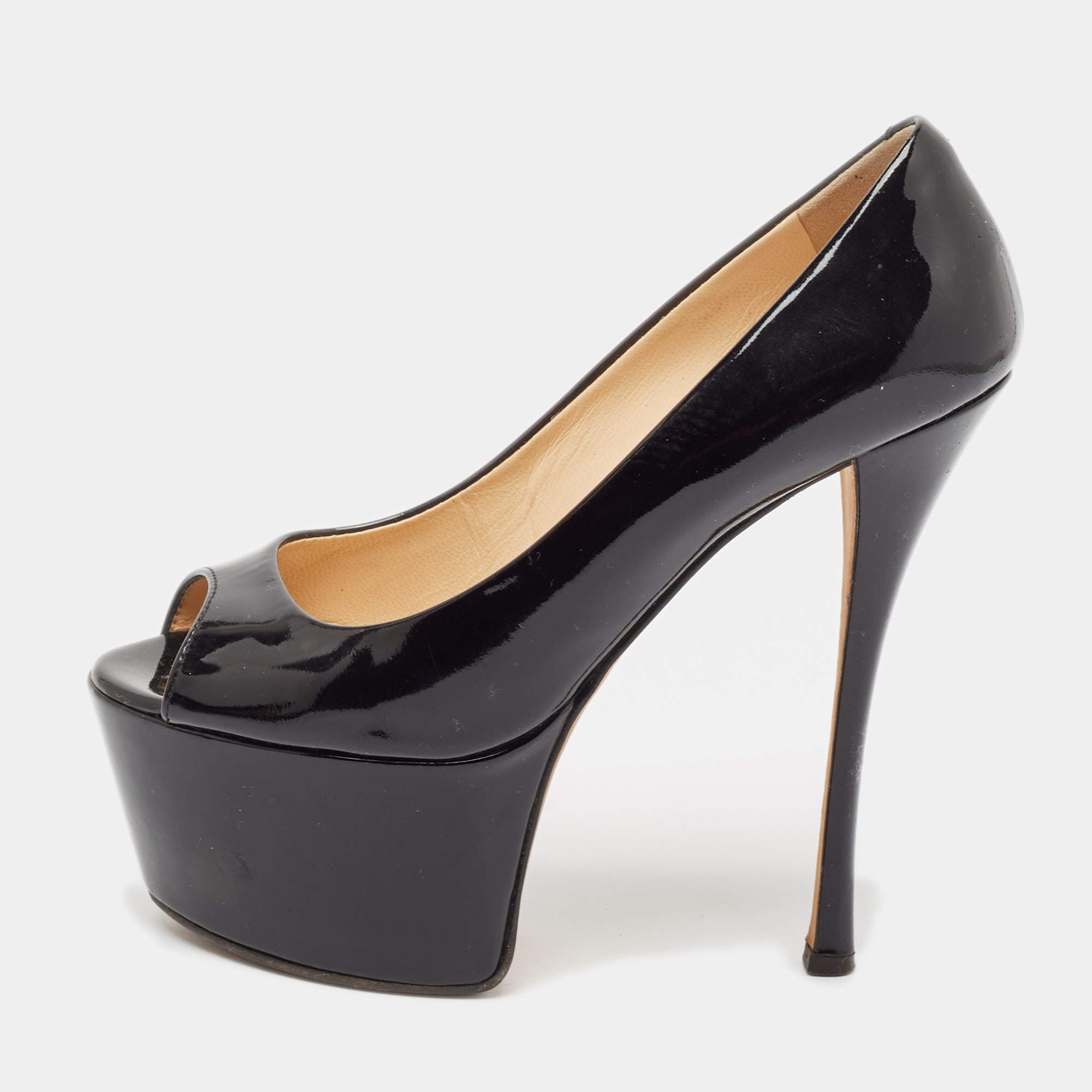 Giuseppe Zanotti Black Patent Leather Liza Peep-Toe Platform Pumps Size 38.5
