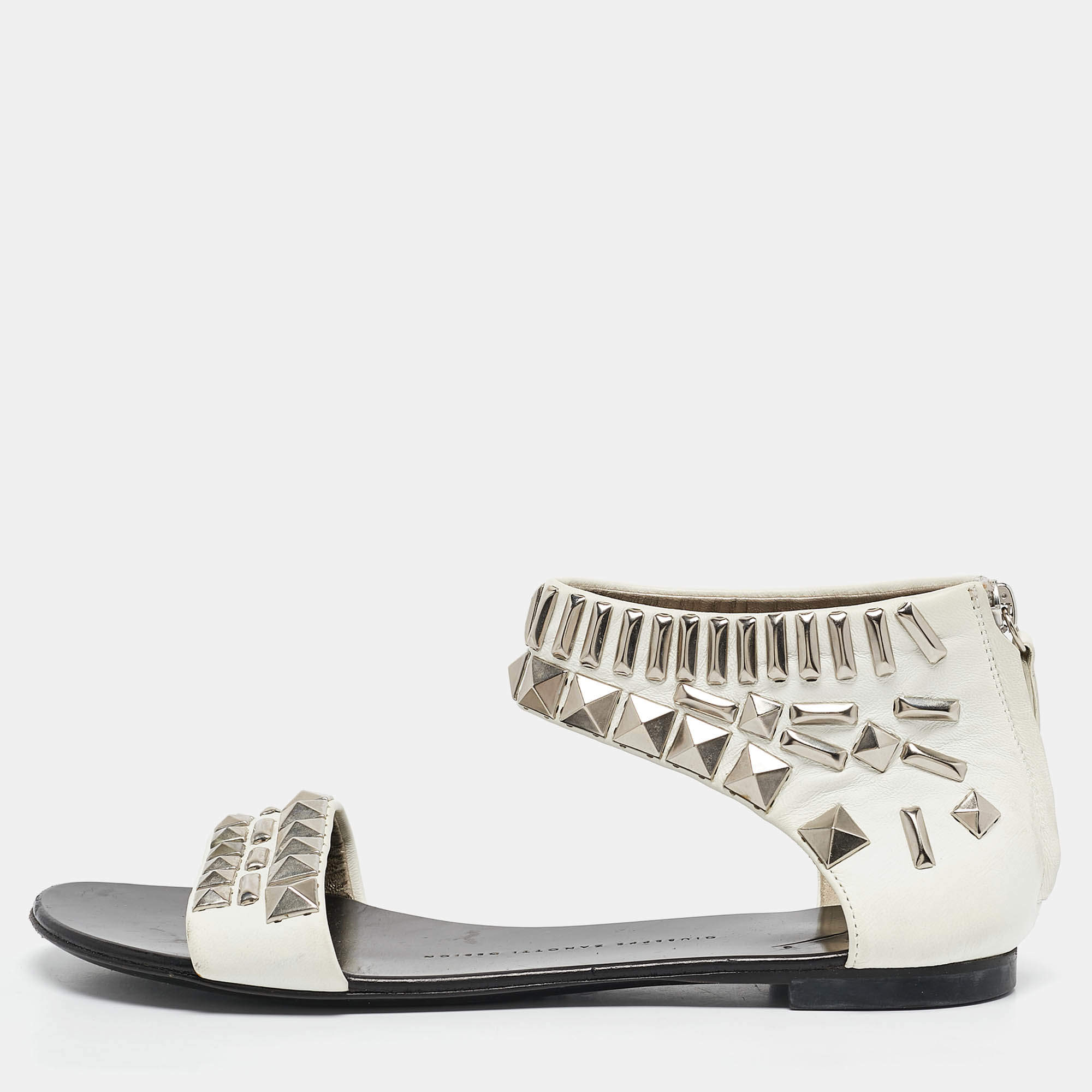 Giuseppe Zanotti White Leather Studded Ankle Cuff Zipper Flats Size 37.5