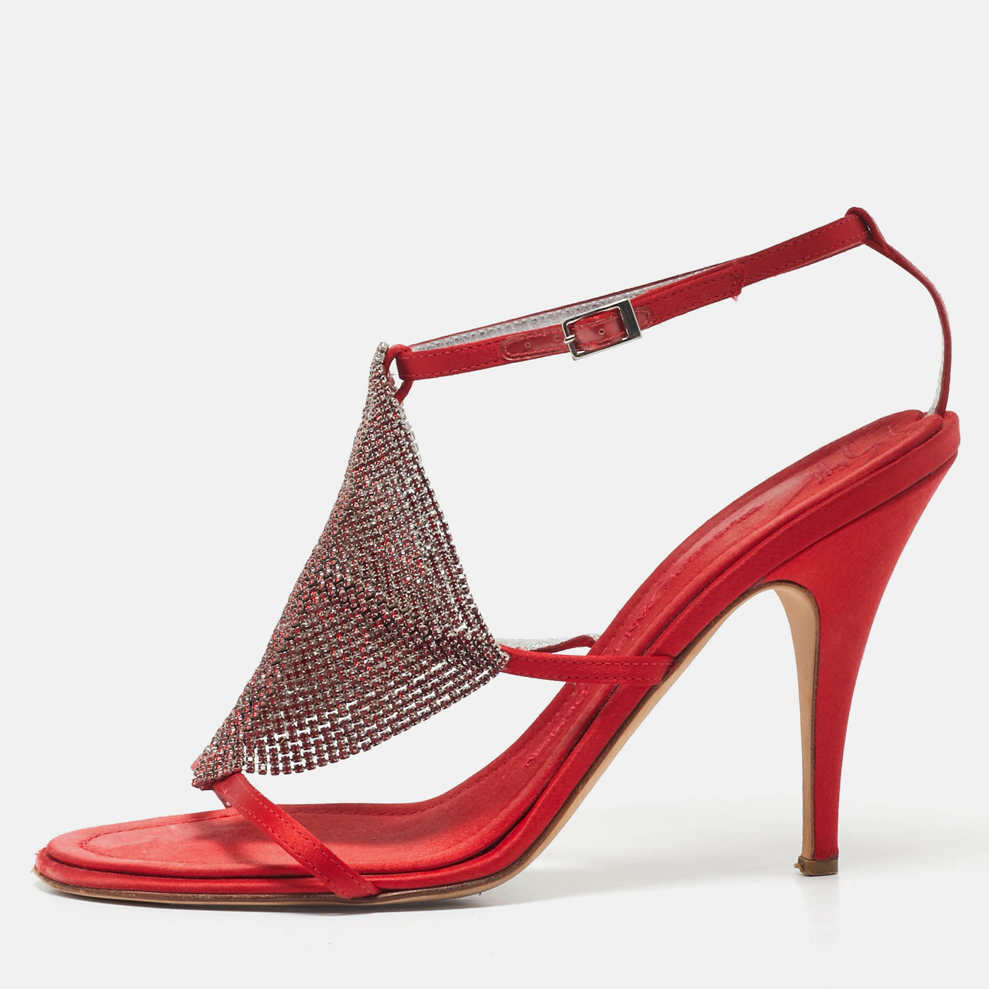 Giuseppe Zanotti Red Satin Crystal Embellished Ankle Strap Sandals Size 38.5