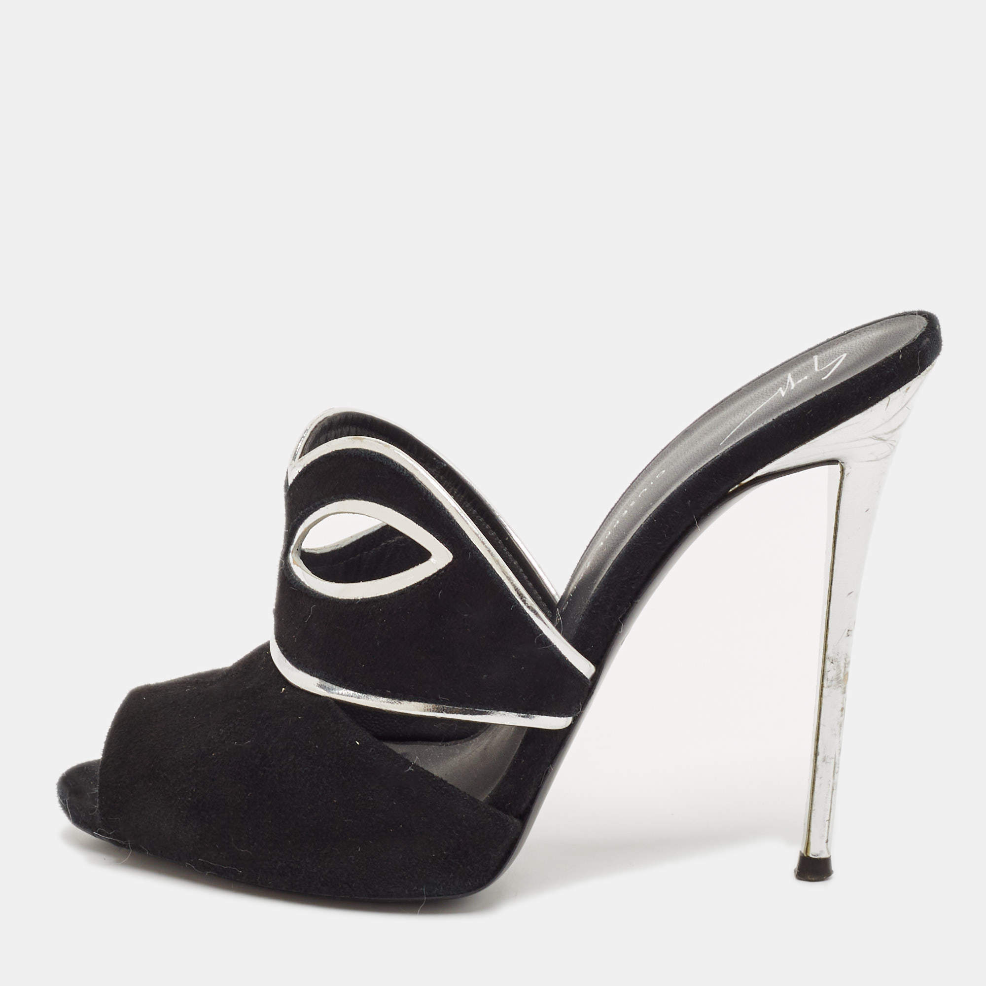 Giuseppe Zanotti Black/Silver Suede and Leather Peep Toe Mules Size 39