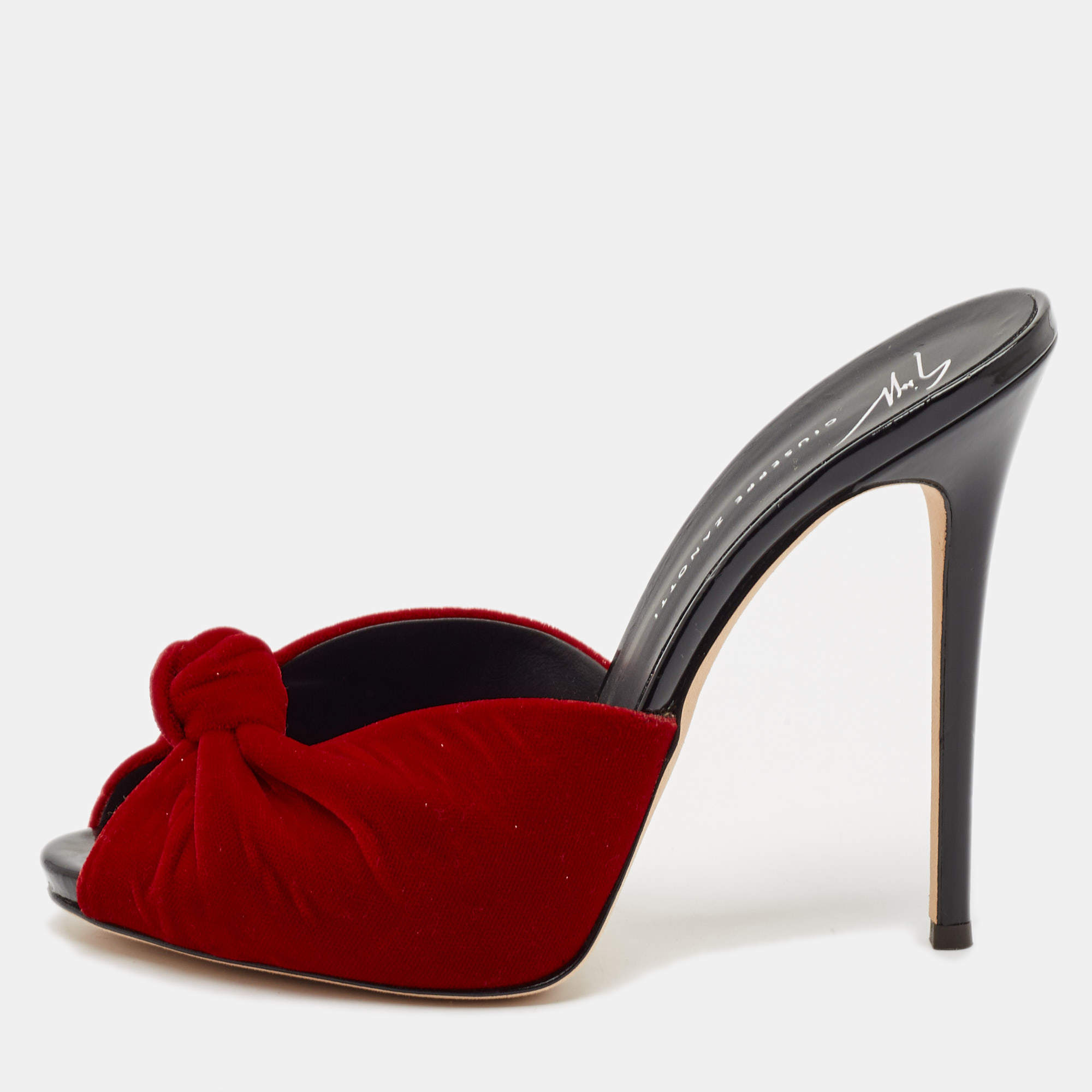 Giuseppe Zanotti Red Knotted Velvet Slide Sandals Size 39.5