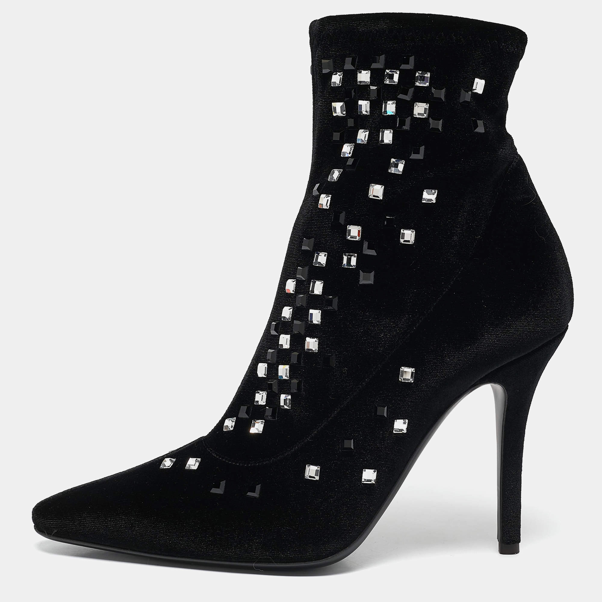 Pre Owned Giuseppe Zanotti Black Velvet Crystals Embellished Ankle Length Boots Size 38