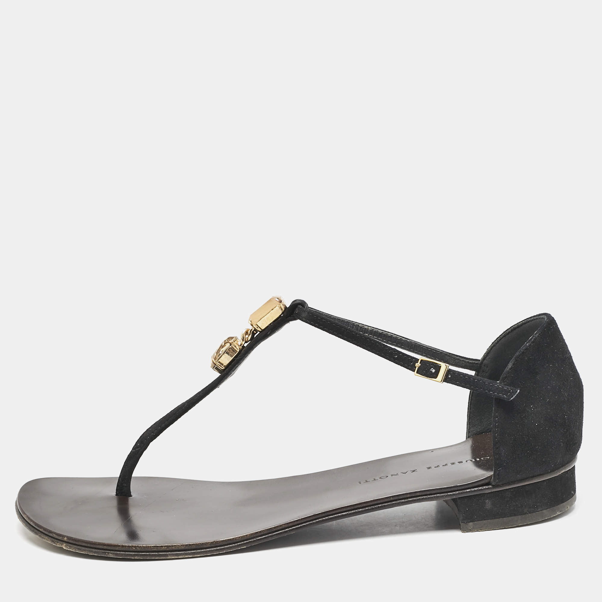 Giuseppe Zanotti Black Leather and Suede Crystal  Embellished Flat Sandals Size 37