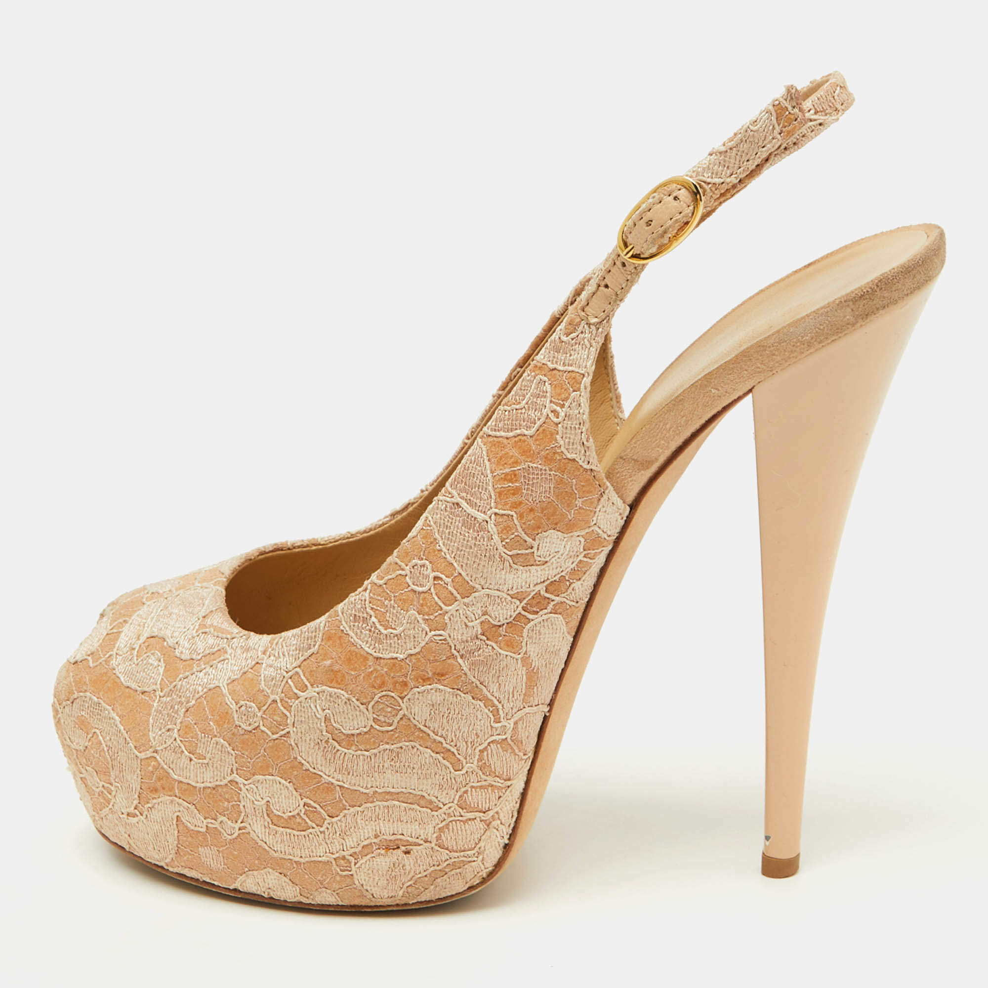 Giuseppe Zanotti Beige Lace Peep-Toe Slingback Sandals Size 40